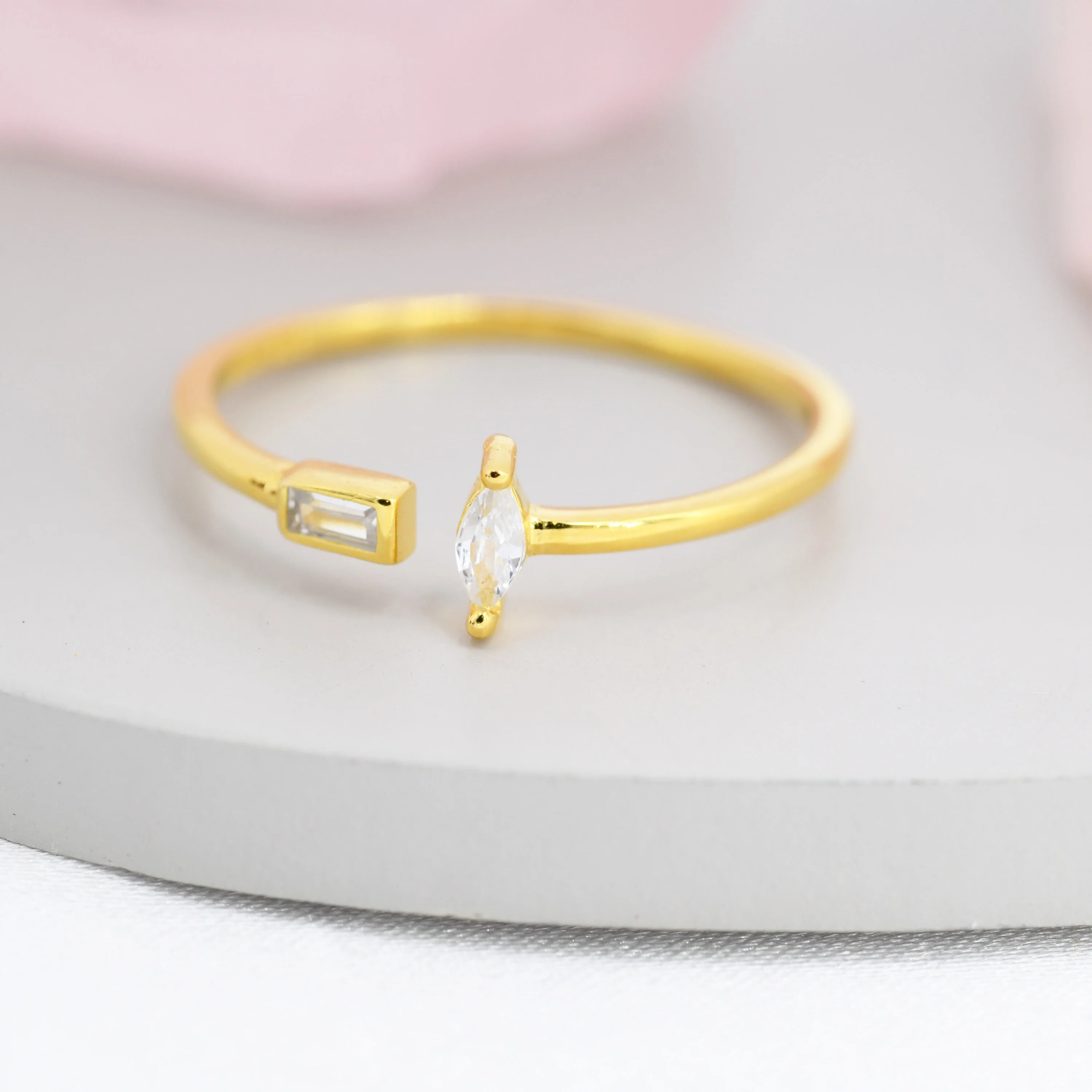 CZ Marquise and Baguette Open Ring in Sterling Silver, Silver or Gold, Adjustable, Geometric Minimalist CZ Ring - Image 3