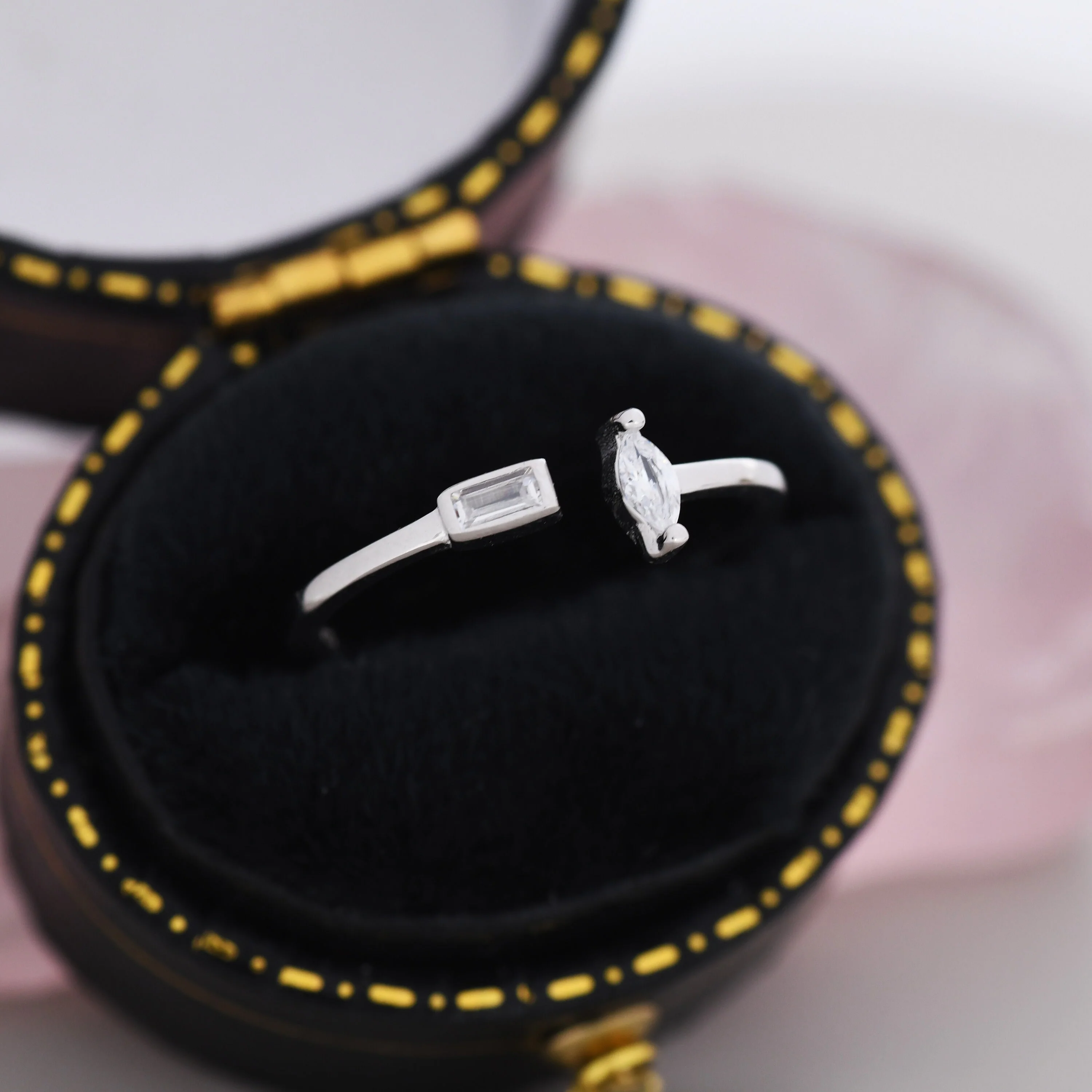 CZ Marquise and Baguette Open Ring in Sterling Silver, Silver or Gold, Adjustable, Geometric Minimalist CZ Ring - Image 4