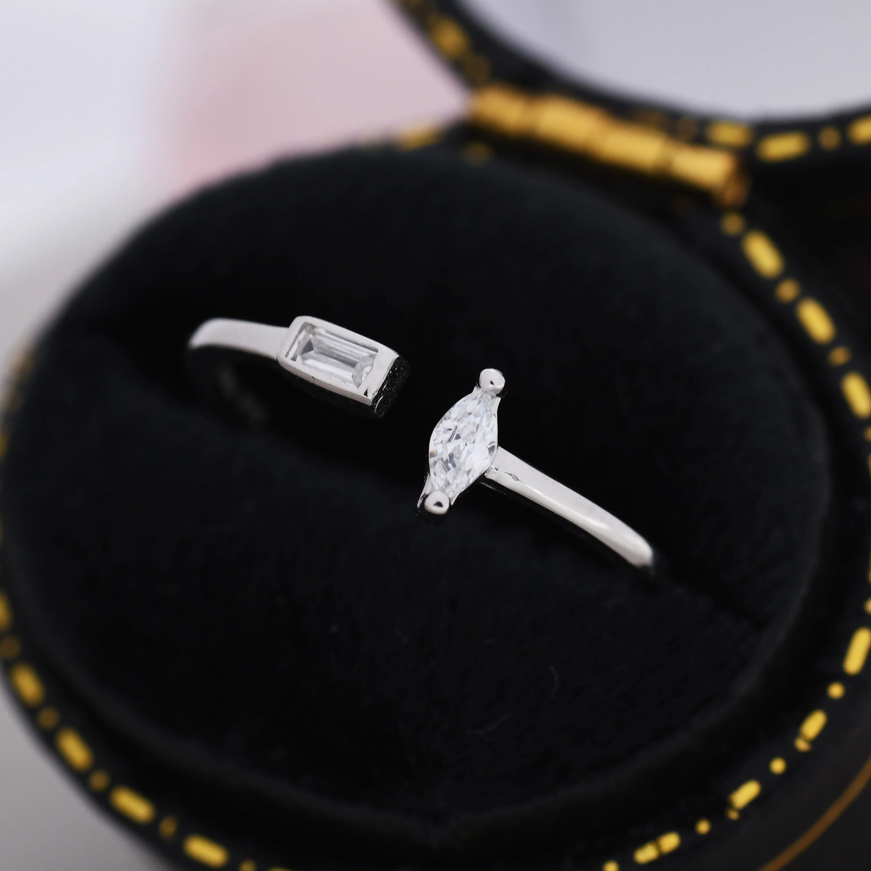 CZ Marquise and Baguette Open Ring in Sterling Silver, Silver or Gold, Adjustable, Geometric Minimalist CZ Ring - Image 5