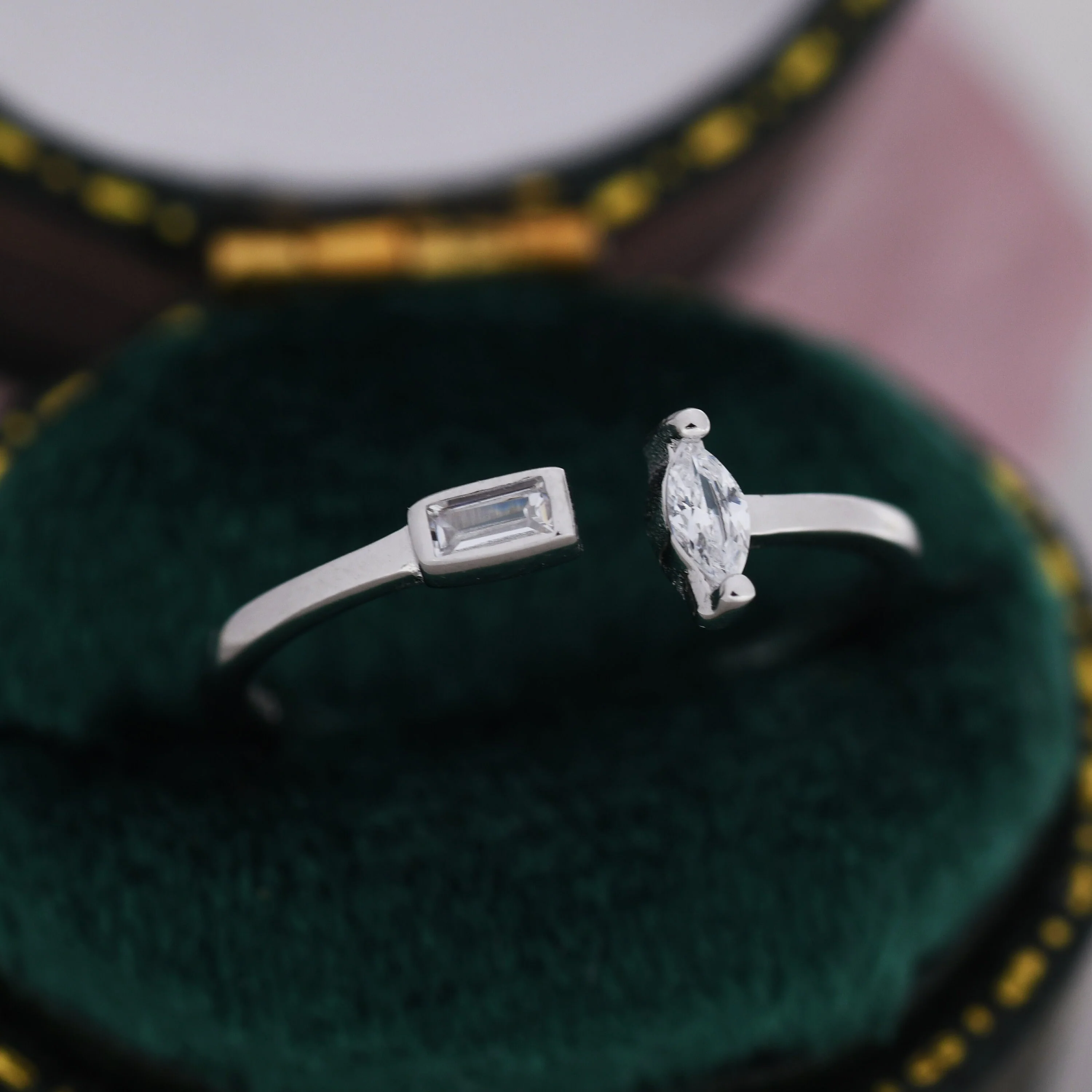 CZ Marquise and Baguette Open Ring in Sterling Silver, Silver or Gold, Adjustable, Geometric Minimalist CZ Ring - Image 6
