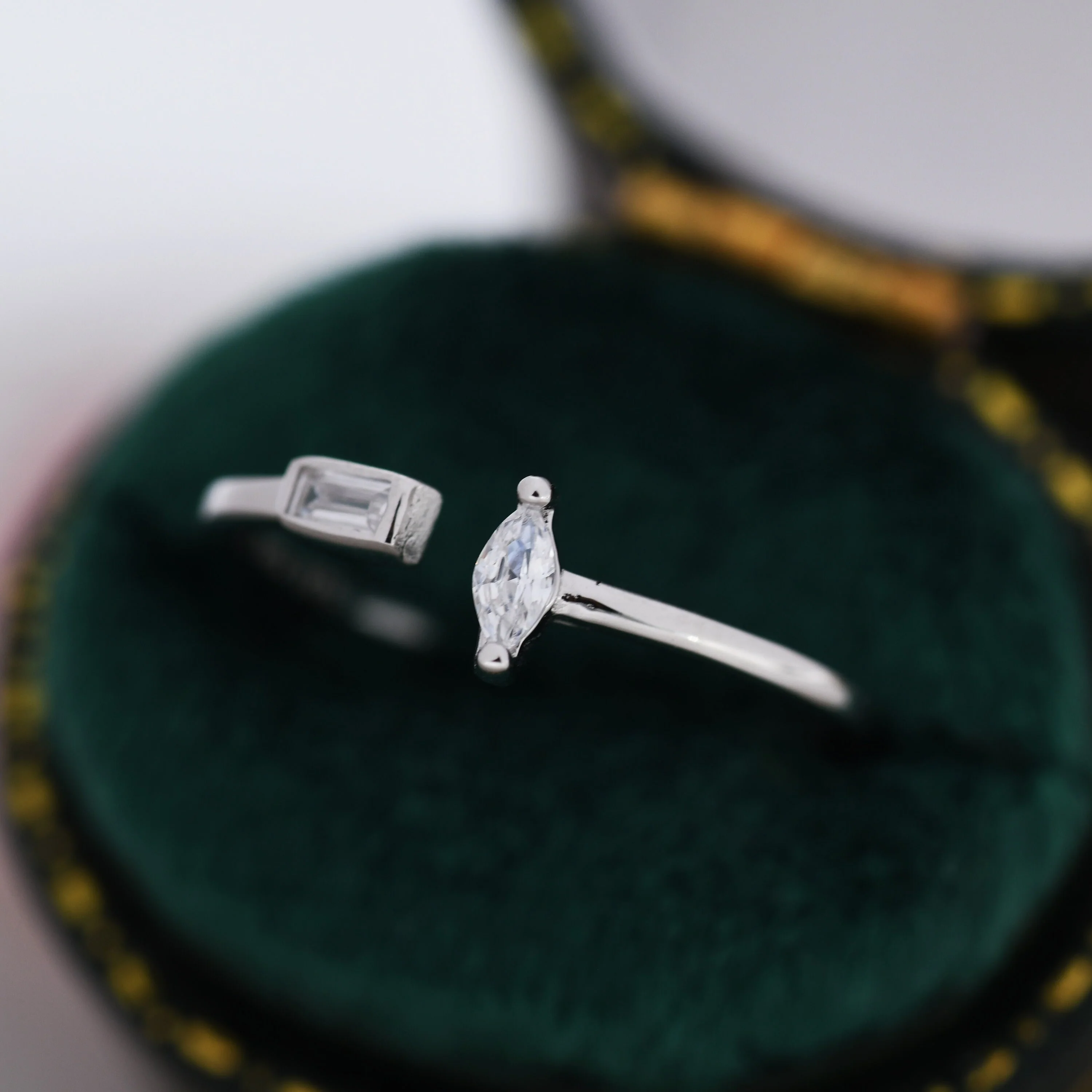 CZ Marquise and Baguette Open Ring in Sterling Silver, Silver or Gold, Adjustable, Geometric Minimalist CZ Ring - Image 7