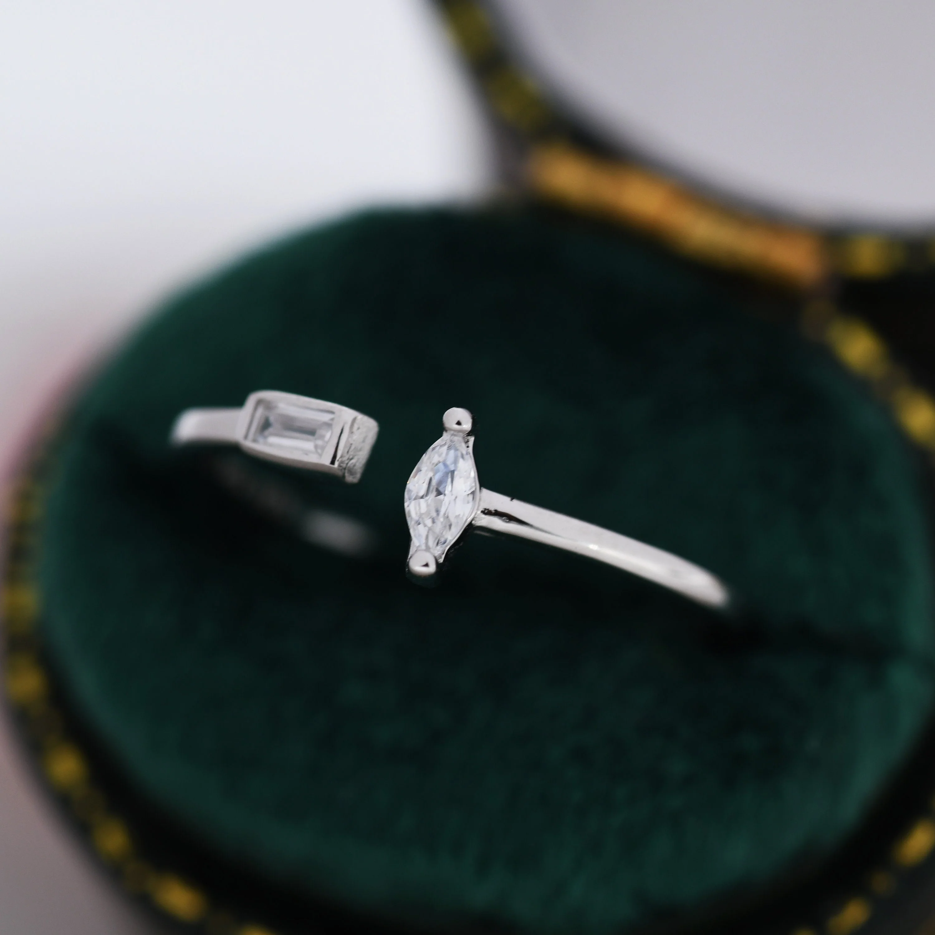CZ Marquise and Baguette Open Ring in Sterling Silver, Silver or Gold, Adjustable, Geometric Minimalist CZ Ring - Image 3