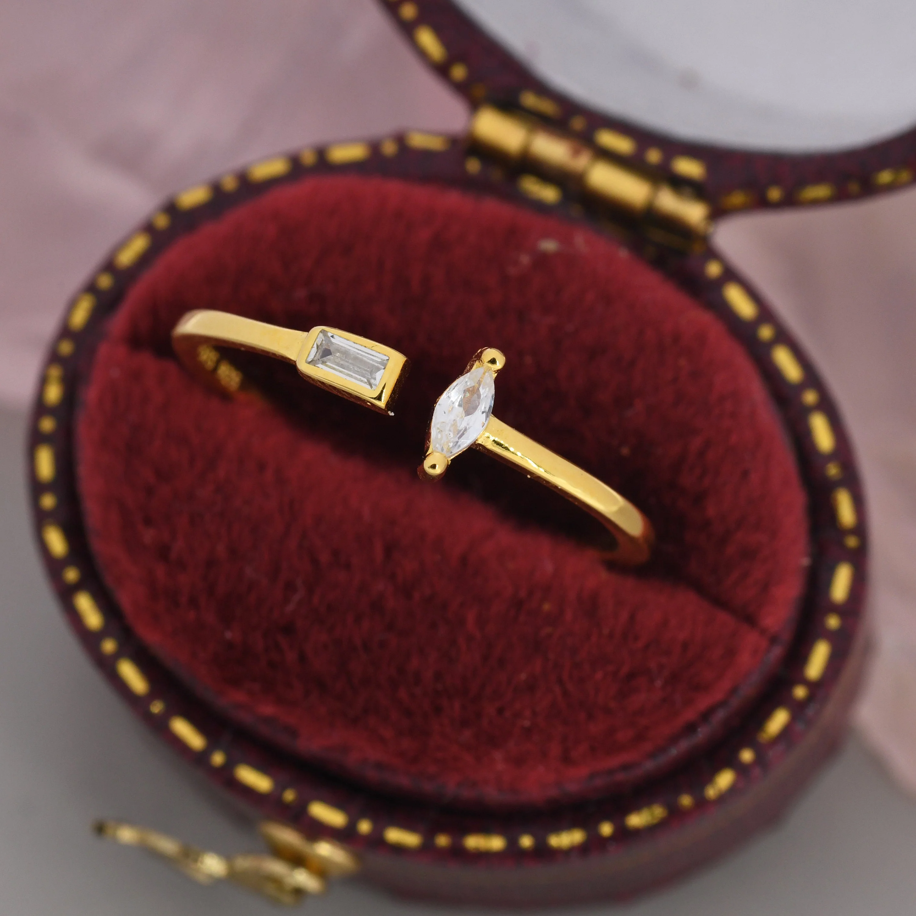 CZ Marquise and Baguette Open Ring in Sterling Silver, Silver or Gold, Adjustable, Geometric Minimalist CZ Ring - Image 4