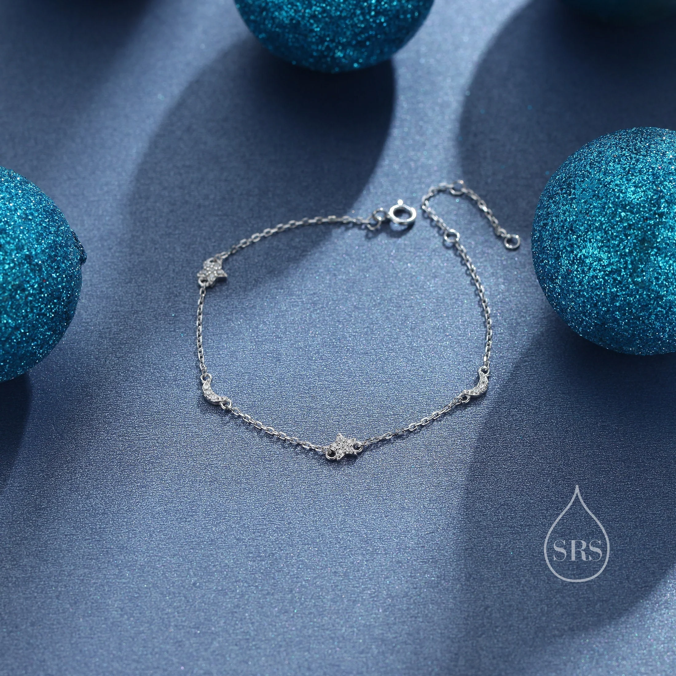 CZ Moon and Star Motif Bracelet in Sterling Silver, Silver, Gold or Rose Gold, Star Bracelet, Star Jewellery, CZ Star Bracelet - Image 2