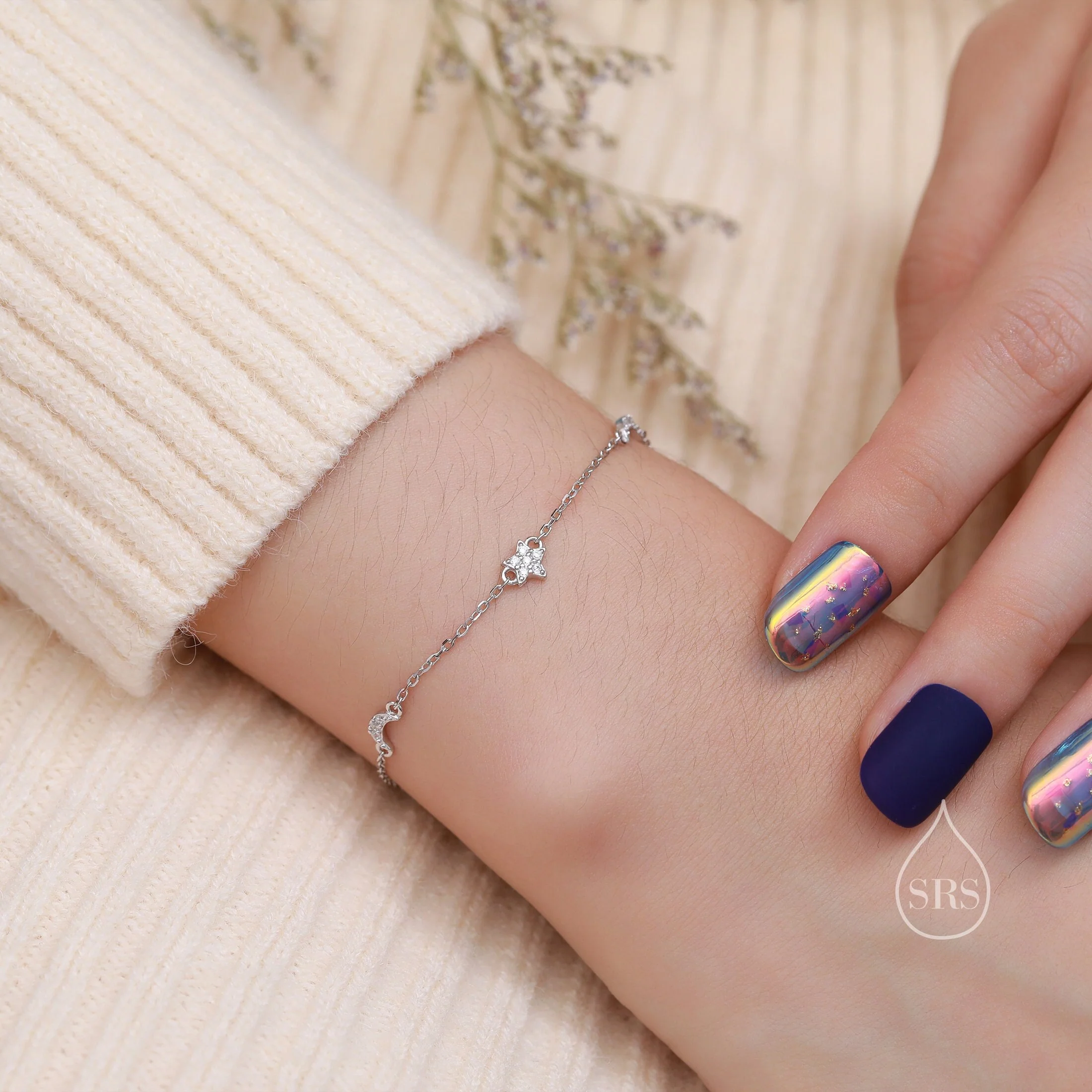 CZ Moon and Star Motif Bracelet in Sterling Silver, Silver, Gold or Rose Gold, Star Bracelet, Star Jewellery, CZ Star Bracelet - Image 4