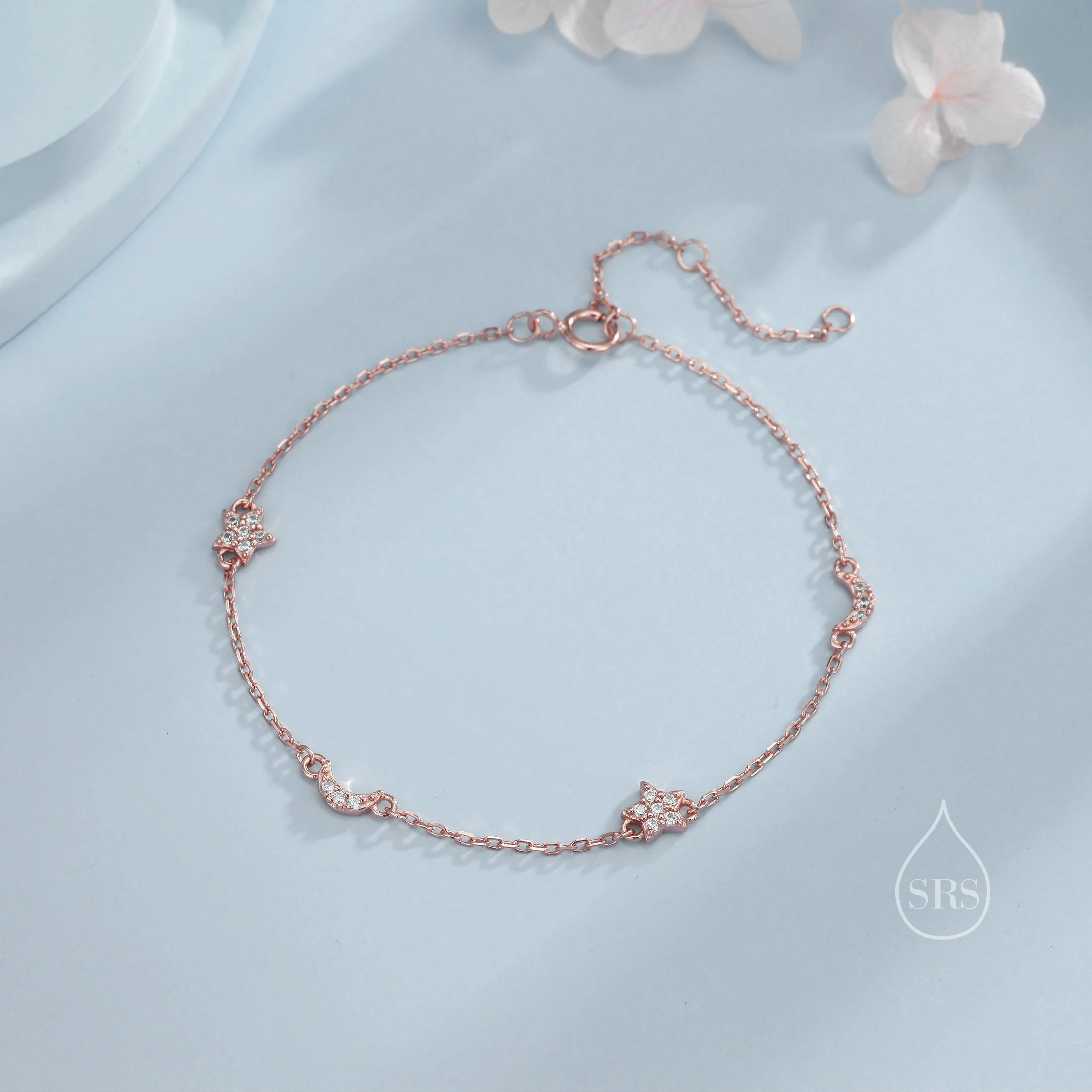 CZ Moon and Star Motif Bracelet in Sterling Silver, Silver, Gold or Rose Gold, Star Bracelet, Star Jewellery, CZ Star Bracelet - Image 5