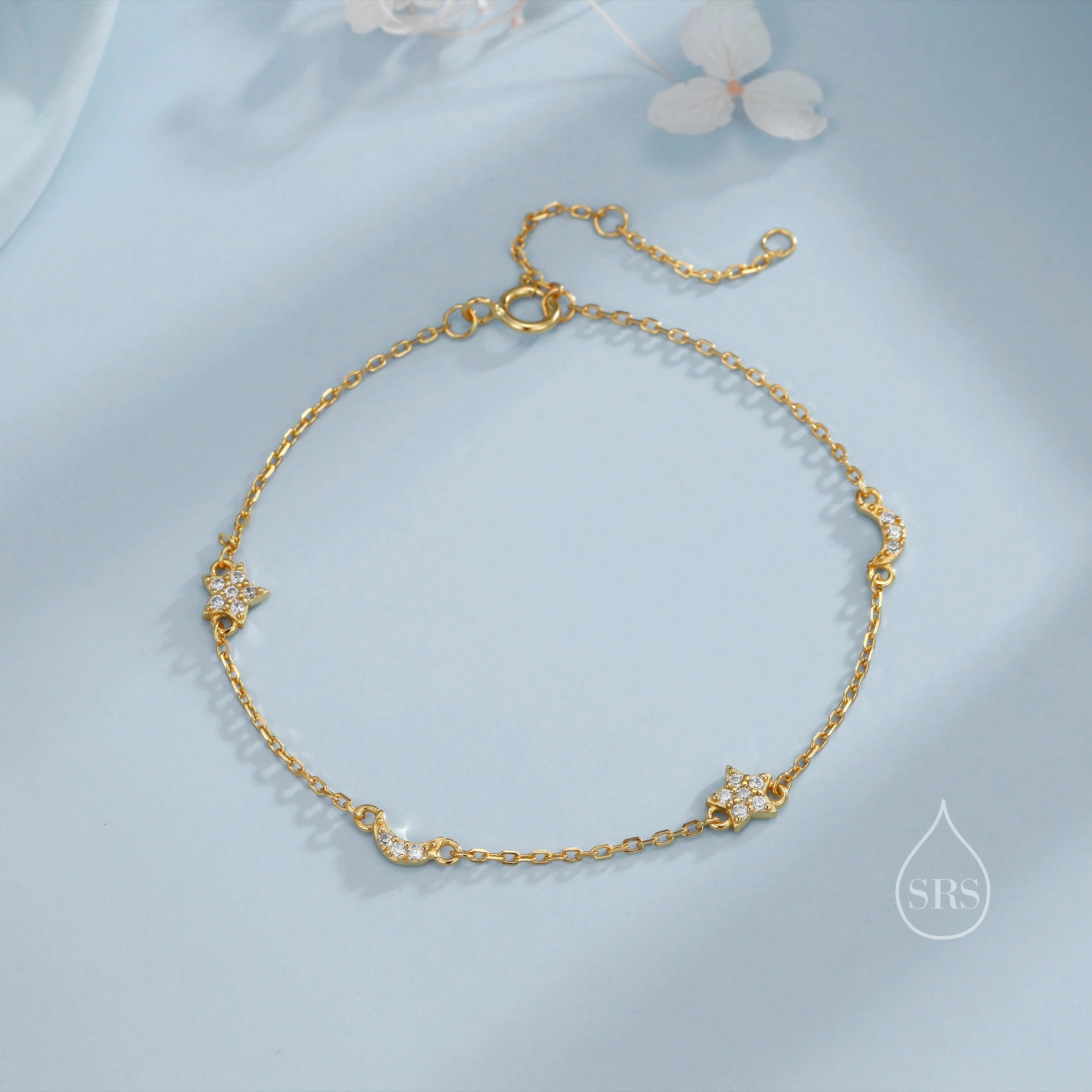 CZ Moon and Star Motif Bracelet in Sterling Silver, Silver, Gold or Rose Gold, Star Bracelet, Star Jewellery, CZ Star Bracelet - Image 6