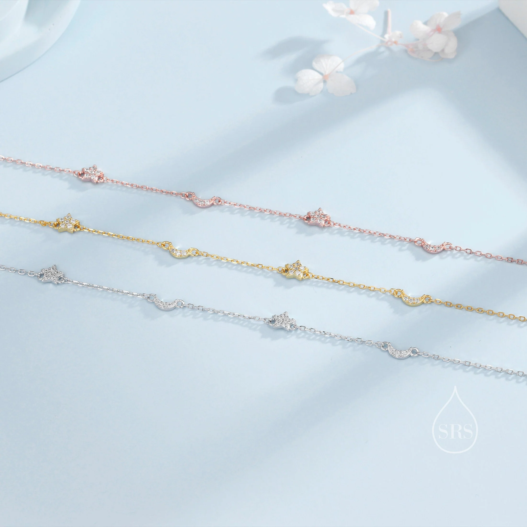 CZ Moon and Star Motif Bracelet in Sterling Silver, Silver, Gold or Rose Gold, Star Bracelet, Star Jewellery, CZ Star Bracelet - Image 8