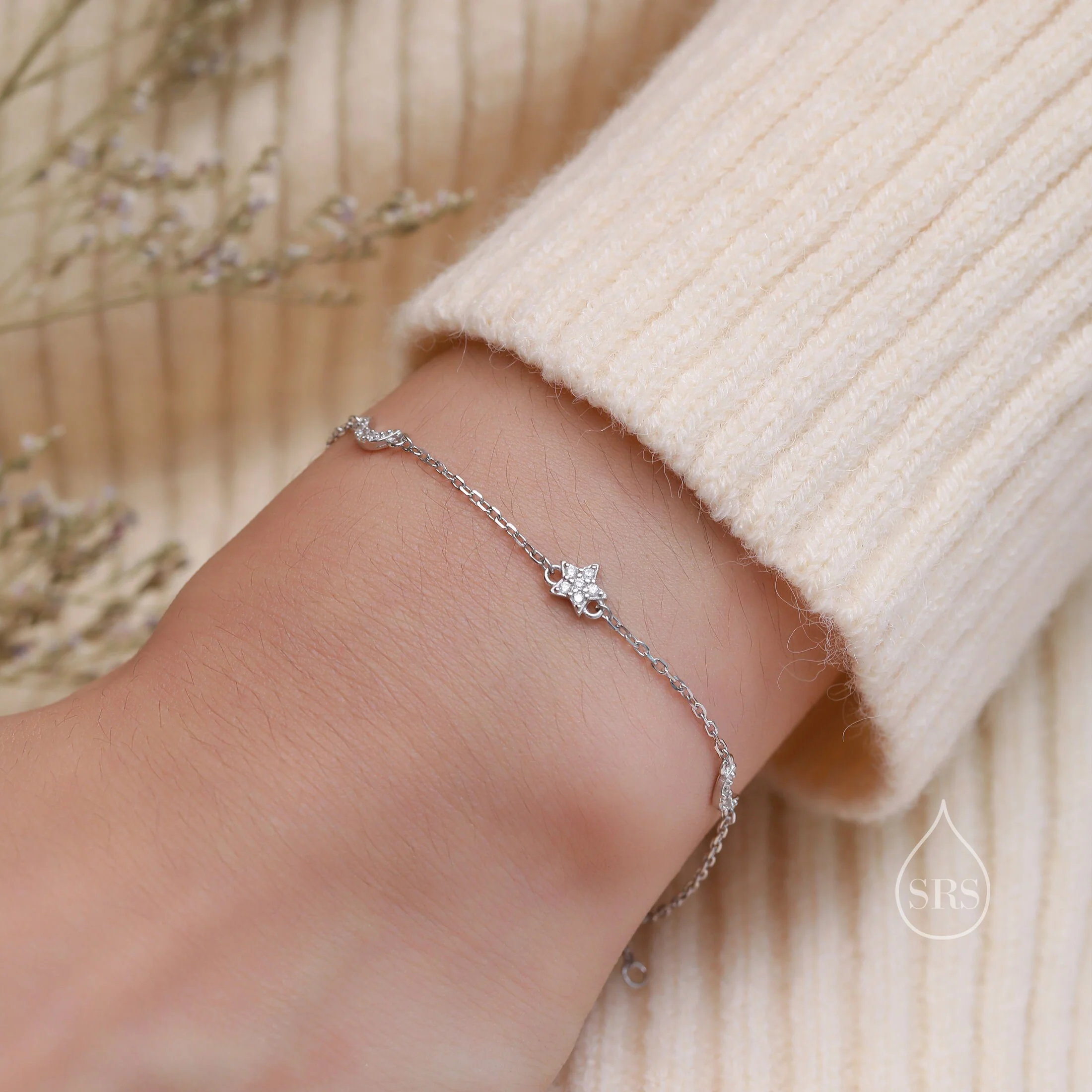 CZ Moon and Star Motif Bracelet in Sterling Silver, Silver, Gold or Rose Gold, Star Bracelet, Star Jewellery, CZ Star Bracelet - Image 9