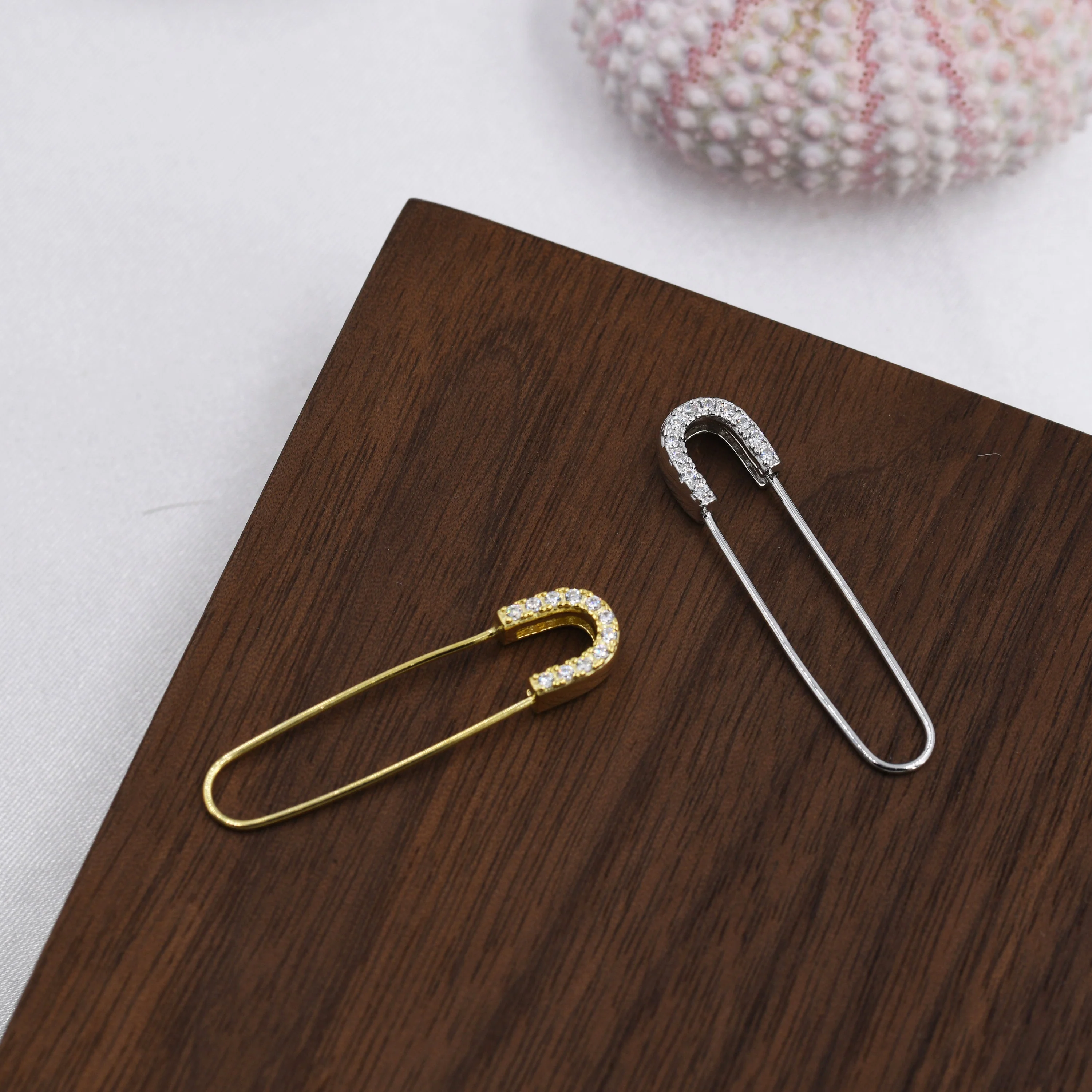 CZ Pave Safety Pin Hoop Earrings in Sterling Silver, Safety Pin Earrings, Silver or Gold - Image 3