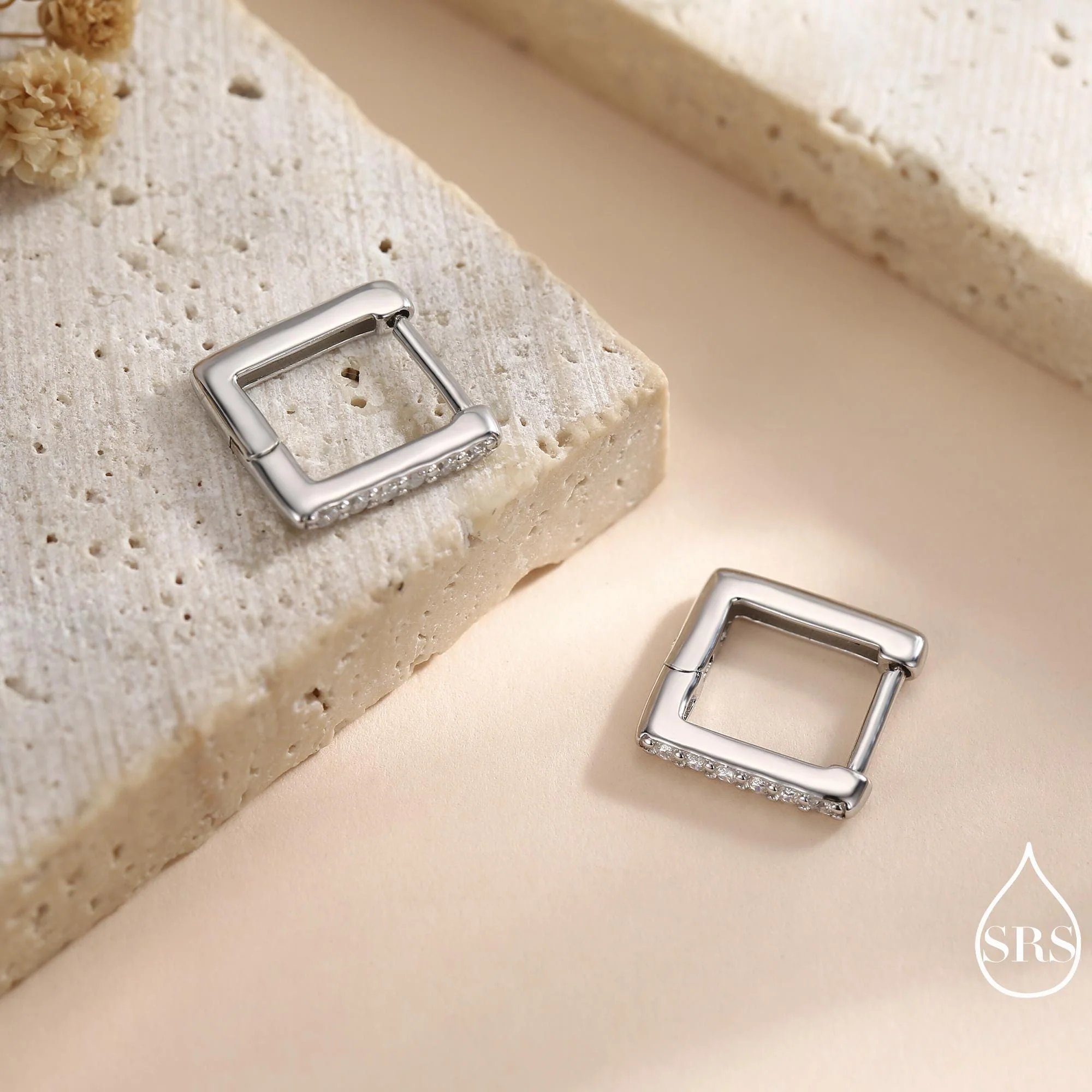 CZ Pave Square Huggie Hoop in Sterling Silver, Skinny Geometric Hoop Earrings, Gold or Silver Finish, 8mm Minimalist Hoops - Image 5