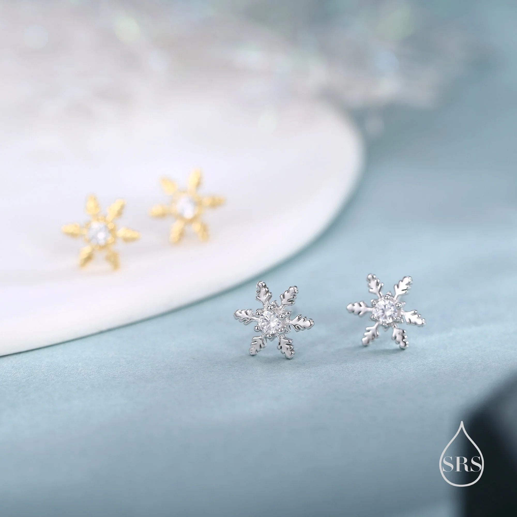 CZ Snowflake Stud Earrings in Sterling Silver, Small Snow Earrings, Available in Three Finishes - Silver, Gold and Rose Gold - Image 5
