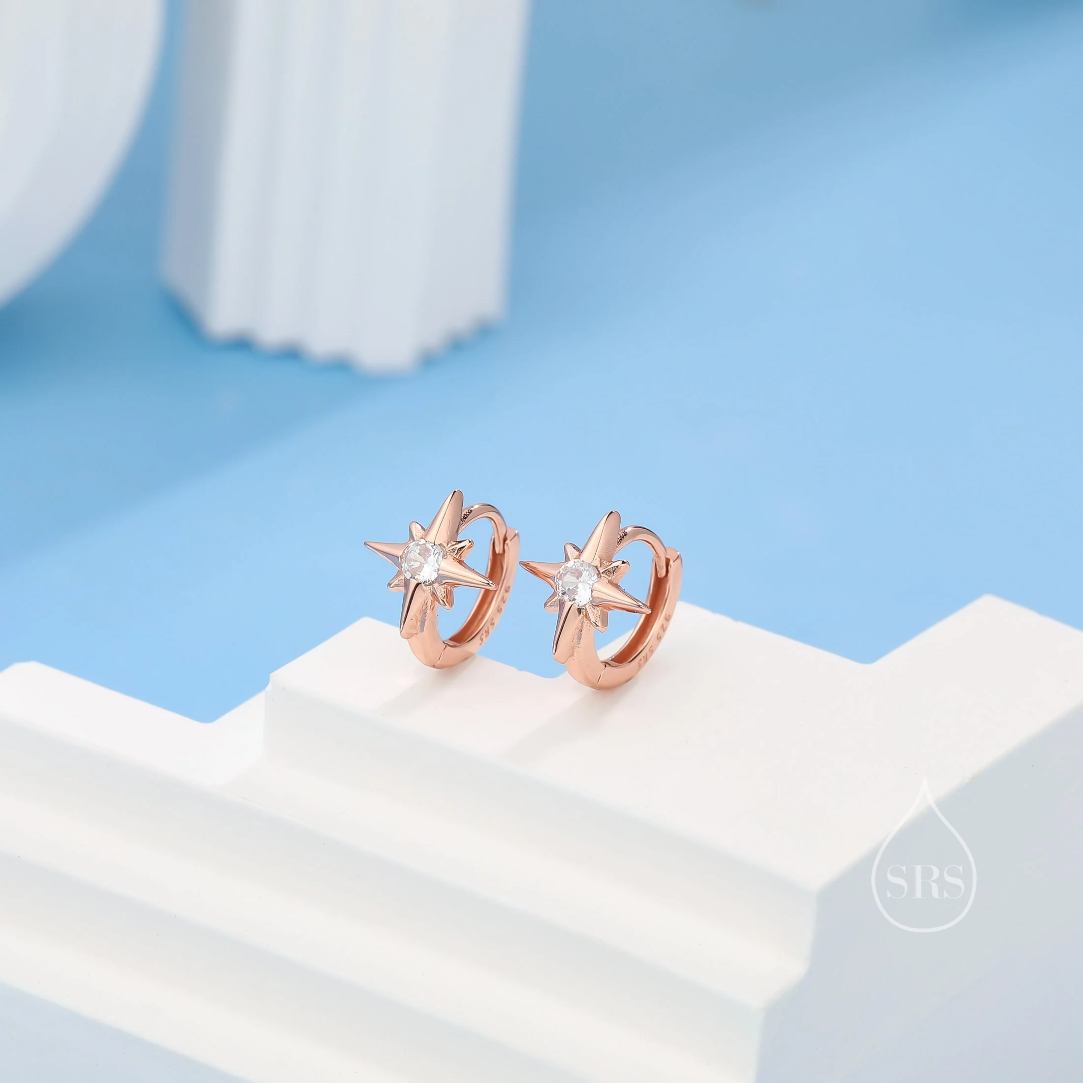 CZ Starburst Huggie Hoop Earrings in Sterling Silver, Silver, Gold or Rose Gold, North Star Earrings, Sunburst Earrings, Celestial Jewellery - Image 3