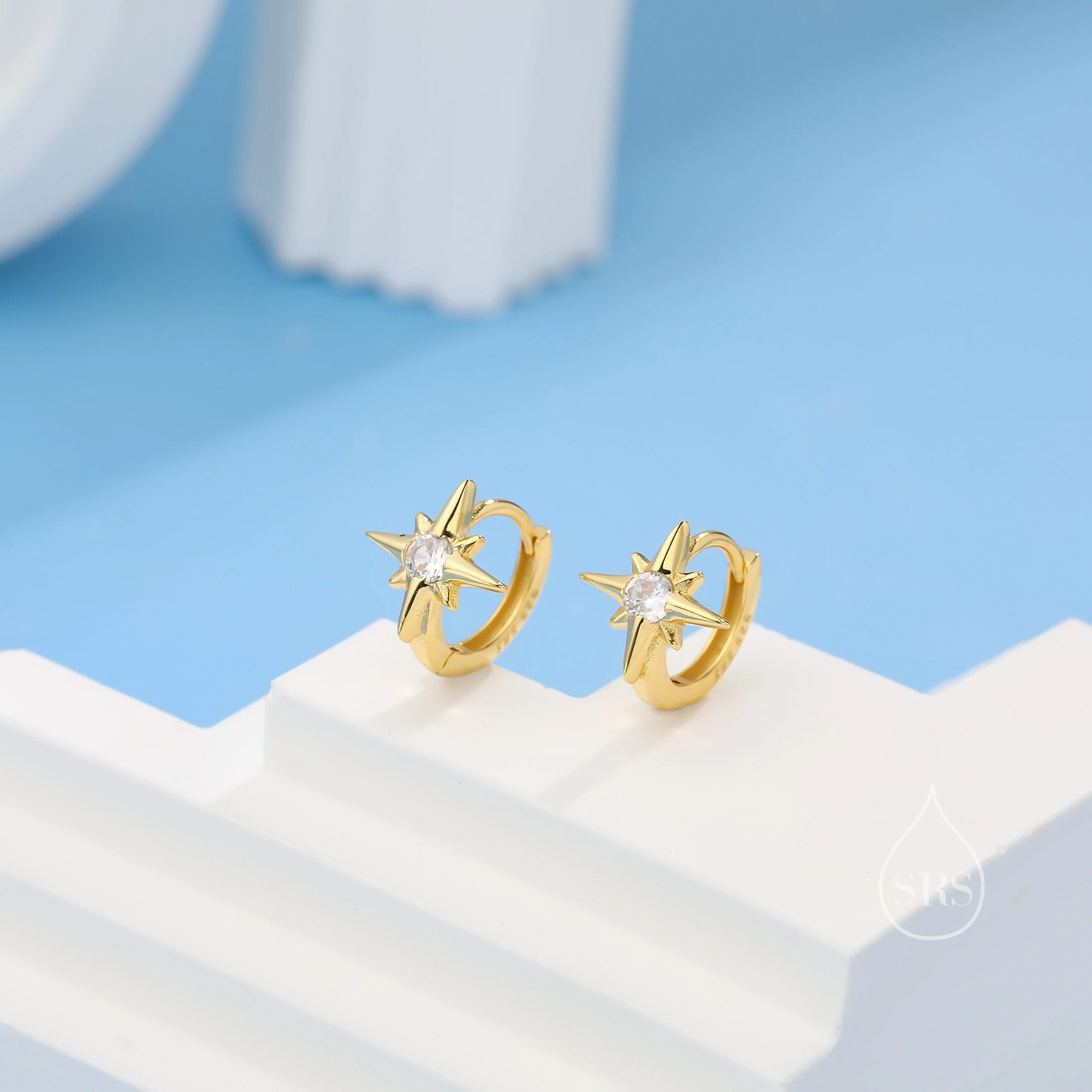 CZ Starburst Huggie Hoop Earrings in Sterling Silver, Silver, Gold or Rose Gold, North Star Earrings, Sunburst Earrings, Celestial Jewellery - Image 4