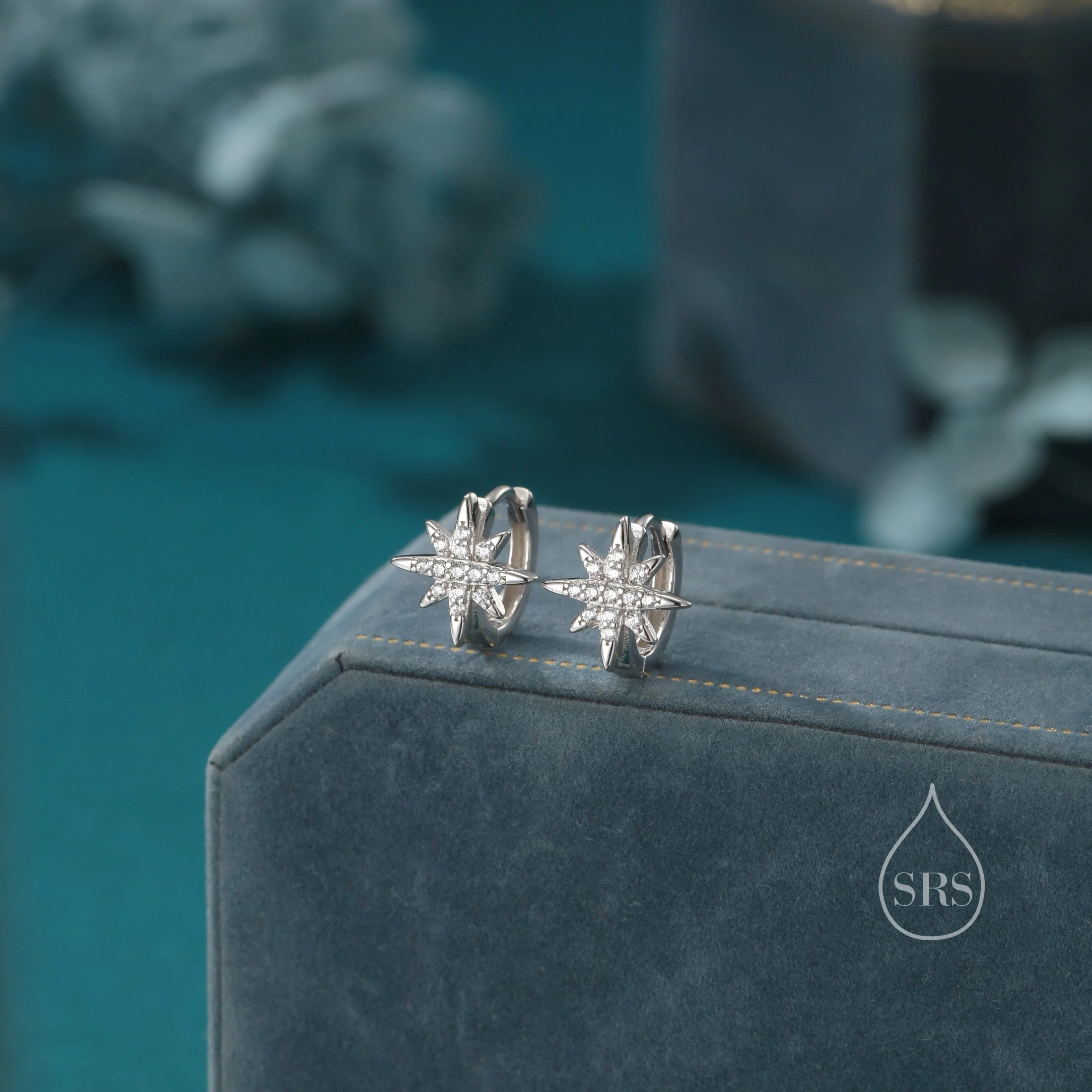 CZ Starburst Huggie Hoop Earrings in Sterling Silver, Silver or Gold, Minimalist North Star Earrings, Sunburst Earrings, Celestial - Image 3