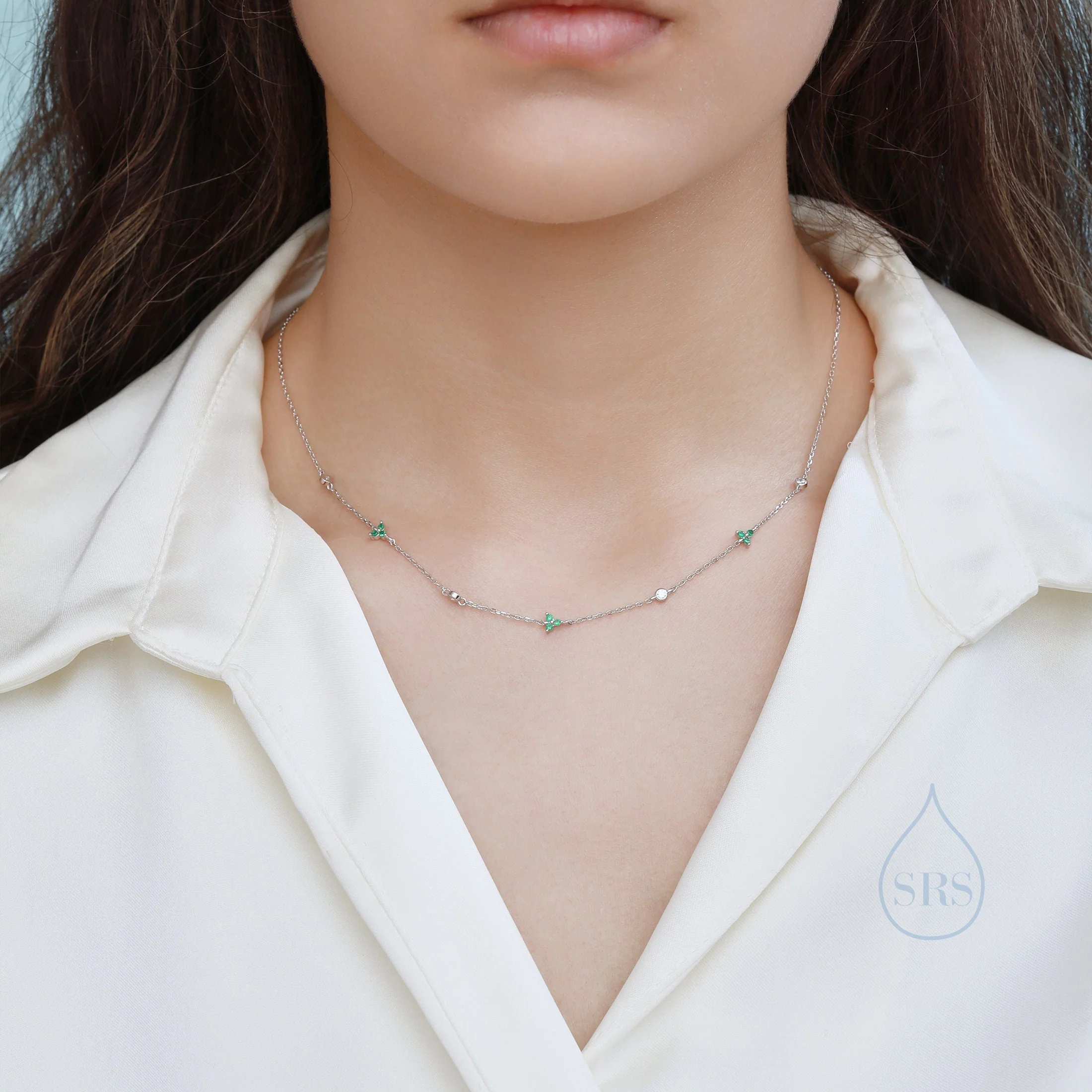 CZ Trio Necklace in Sterling Silver, Silver or Gold, Emerald Green or Clear Three CZ Satellite Crystal Necklace, Solid Silver Necklace