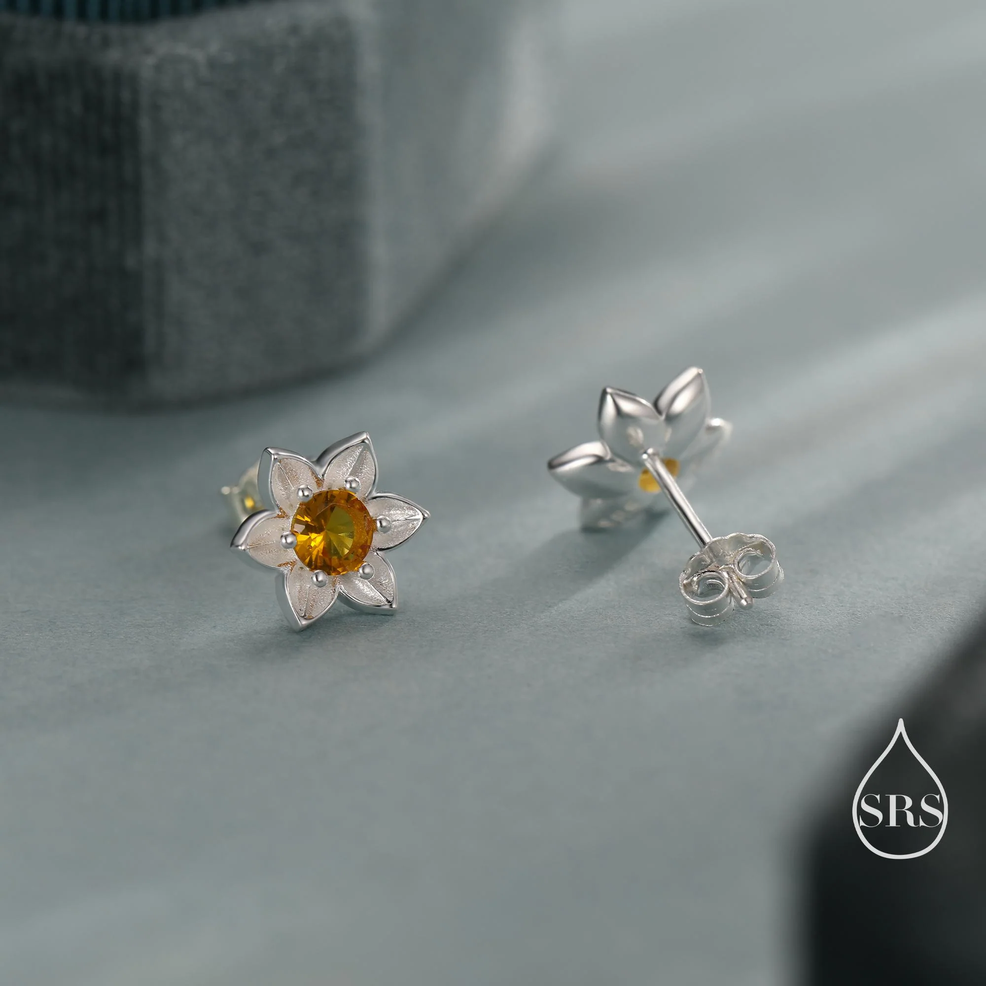Daffodil CZ Stud Earrings in Sterling Silver, Tiny Flower Earrings, Small Daffodil Earrings, Forget-me-not Stud, Birth Flower for March - Image 3