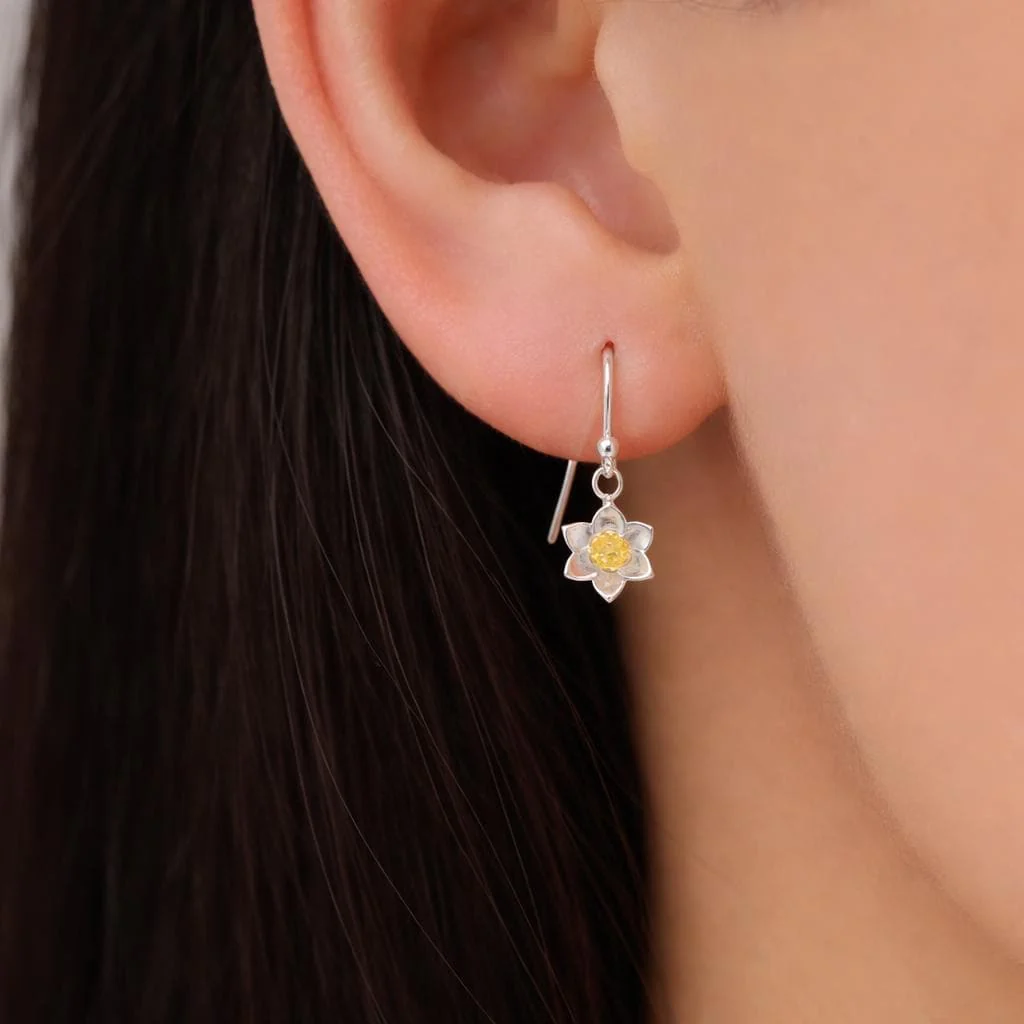 Daffodil Flower Drop Hook Earrings in Sterling Silver, Partial Gold, Flower hoop Earrings, Daffodil Floral Earrings - Image 5