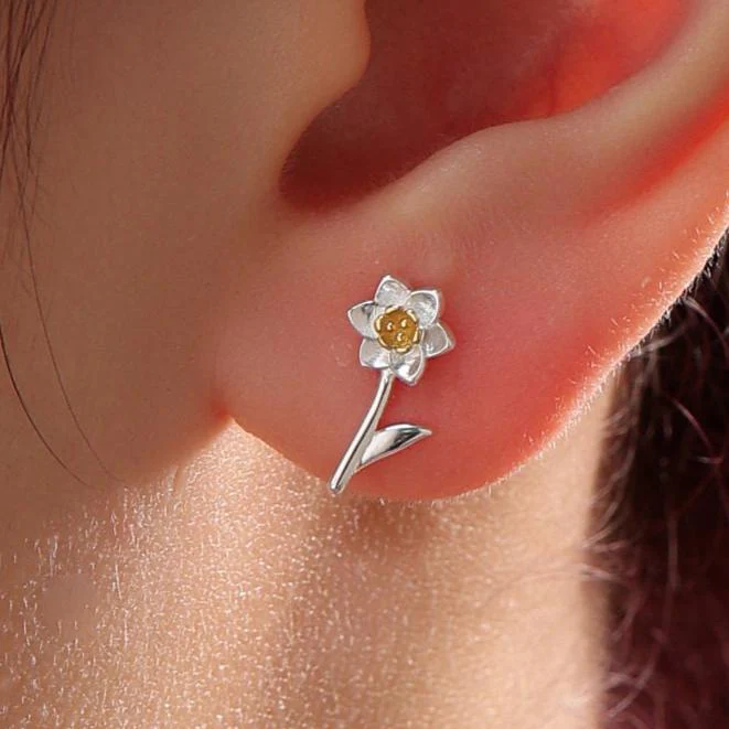 Daffodil Stud Earrings in Sterling Silver, Tiny Flower Earrings, Two Finishes, Daffodil Earrings, March Birth Flower - Image 7