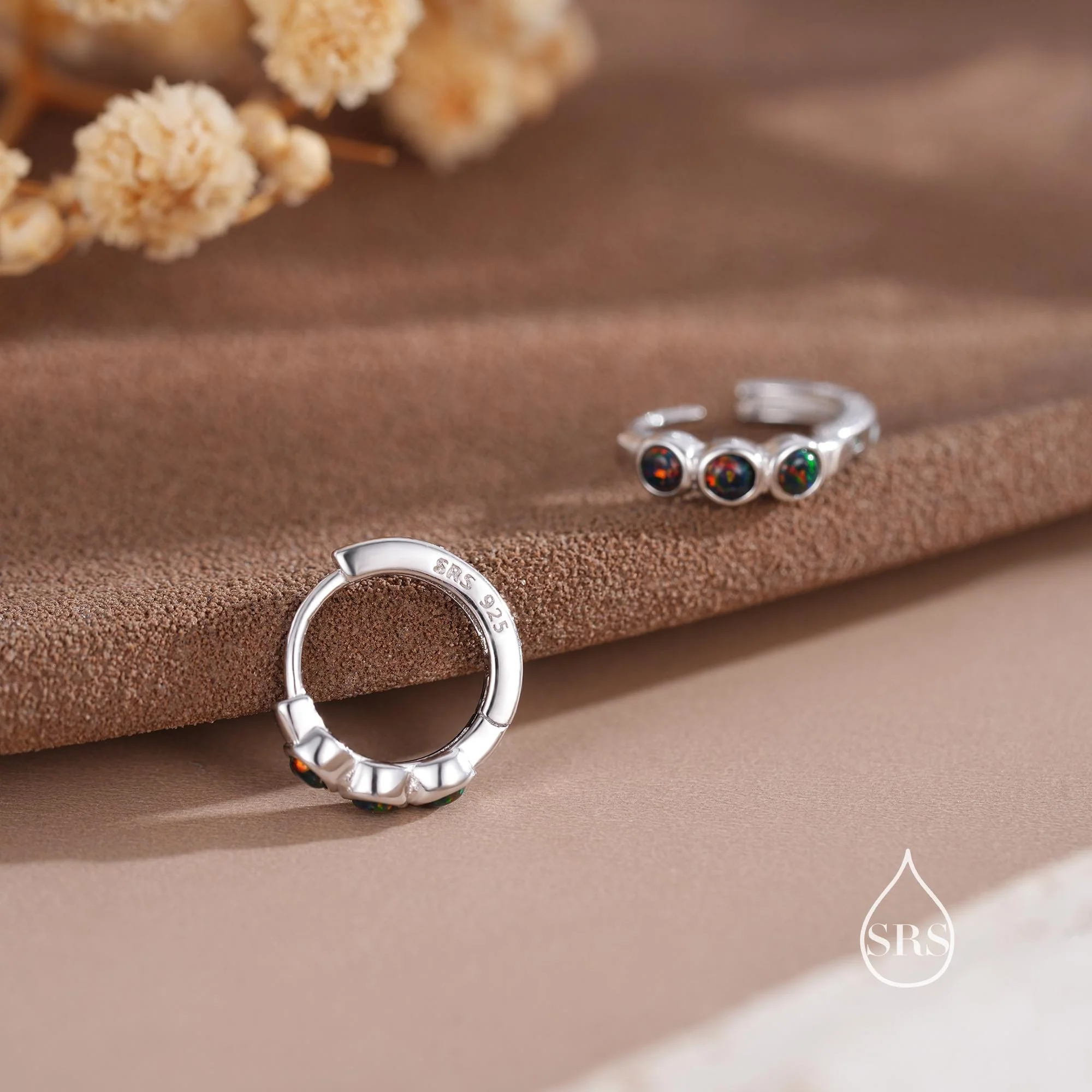 Dainty Black Opal Huggie Hoops in Sterling Silver, 8mm Opal Hoops, Lab Created Black Opal Hoops, Silver or Gold, Tiny Opal Hoops - Image 3