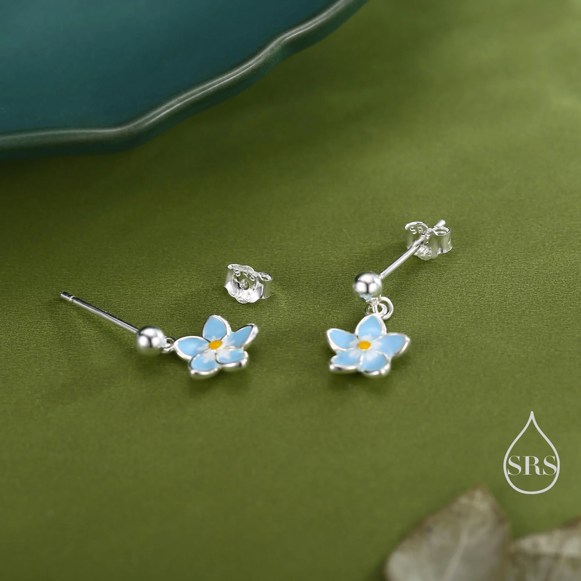 Dainty Forget-me-not Enamel Drop Stud Earrings in Sterling Silver,  Flower Earrings, Blue Blossom Earrings, Forget me not earrings - Image 4