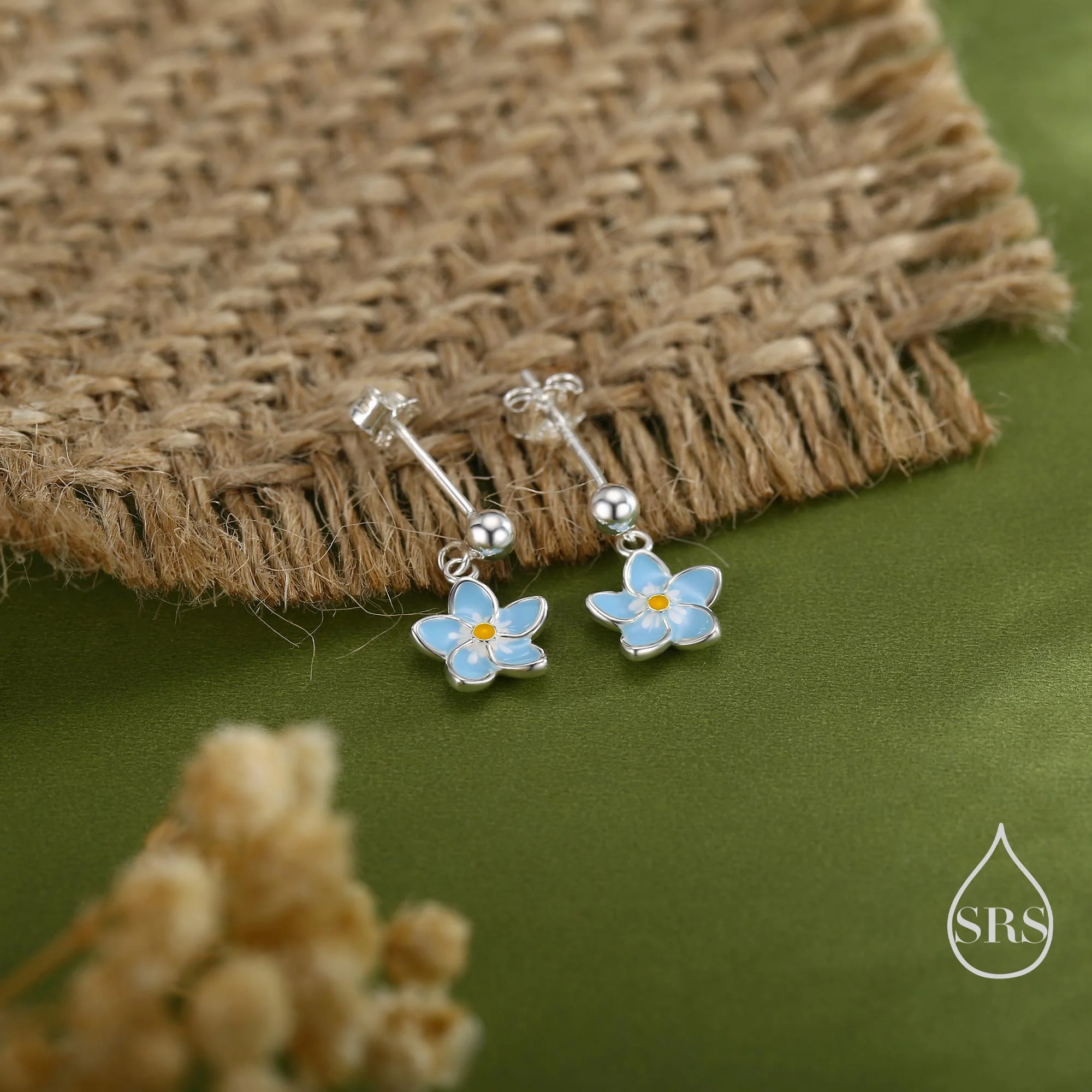 Dainty Forget-me-not Enamel Drop Stud Earrings in Sterling Silver,  Flower Earrings, Blue Blossom Earrings, Forget me not earrings - Image 6