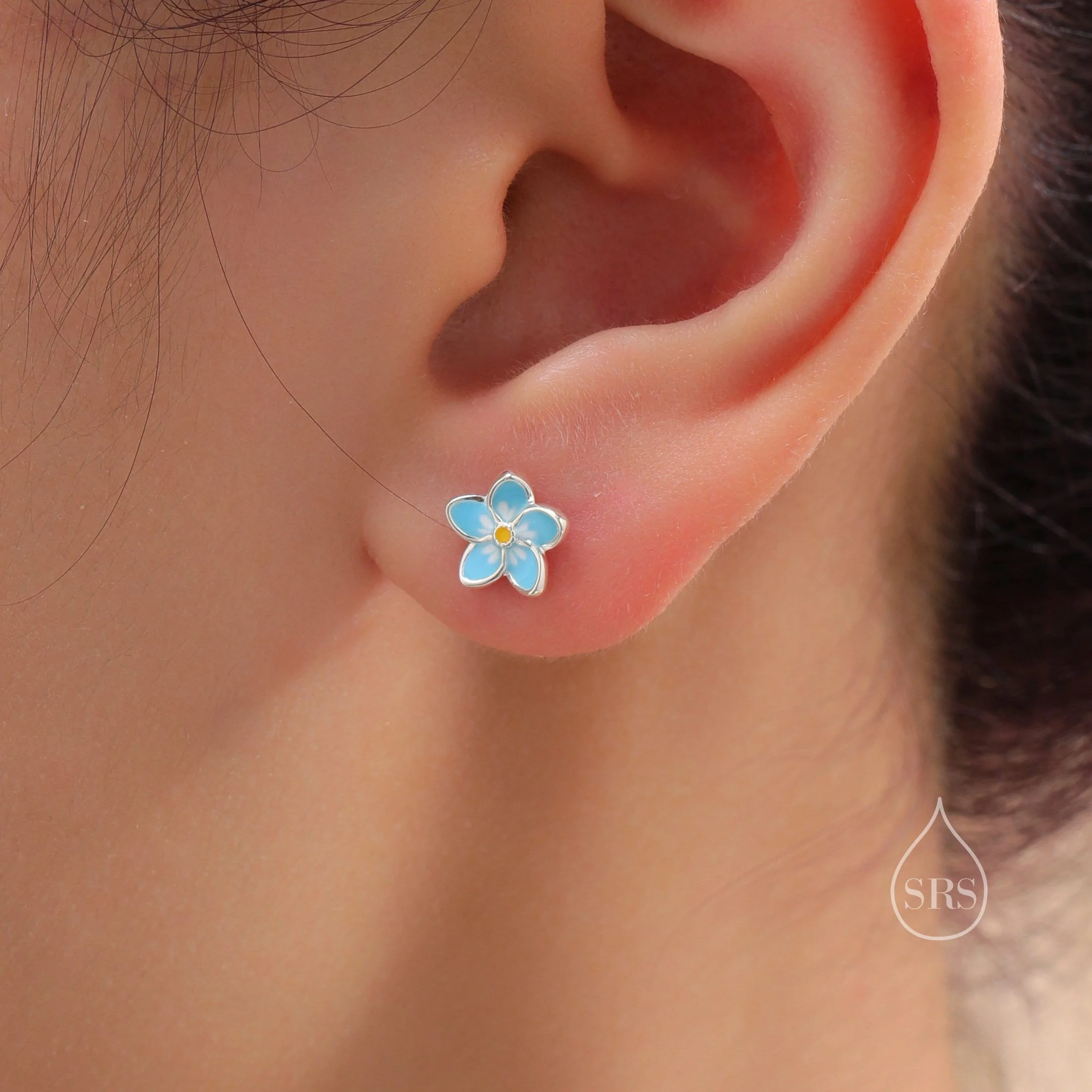 Dainty Forget-me-not Enamel Stud Earrings in Sterling Silver, Flower Earrings, Blue Blossom Earrings, Forget me not earrings