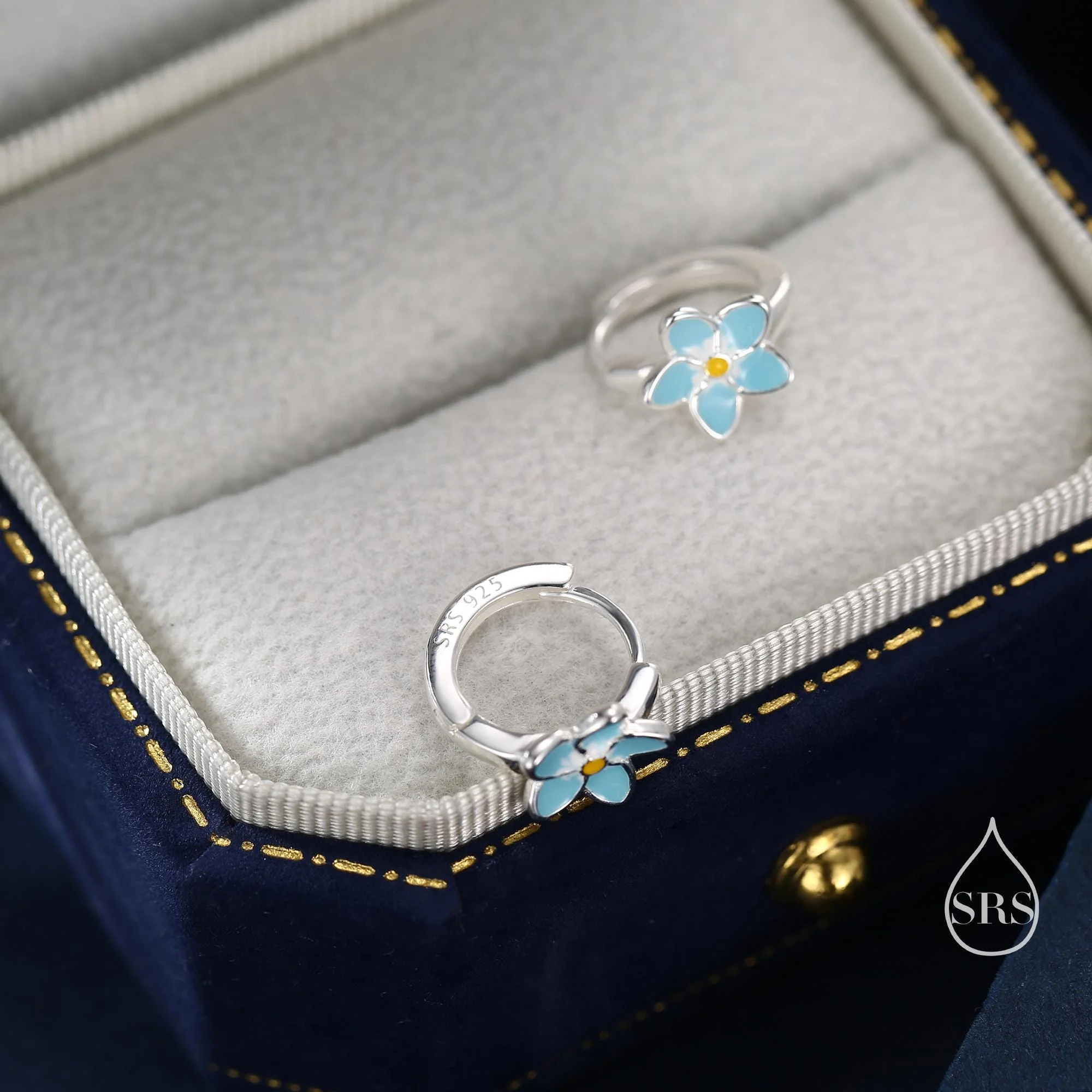 Dainty Forget Me Not Flower Huggie Hoop in Sterling Silver, Enamel Flower hoop Earrings, Forget Me Not Floral Earrings, 8mm Inner Diameter - Image 5