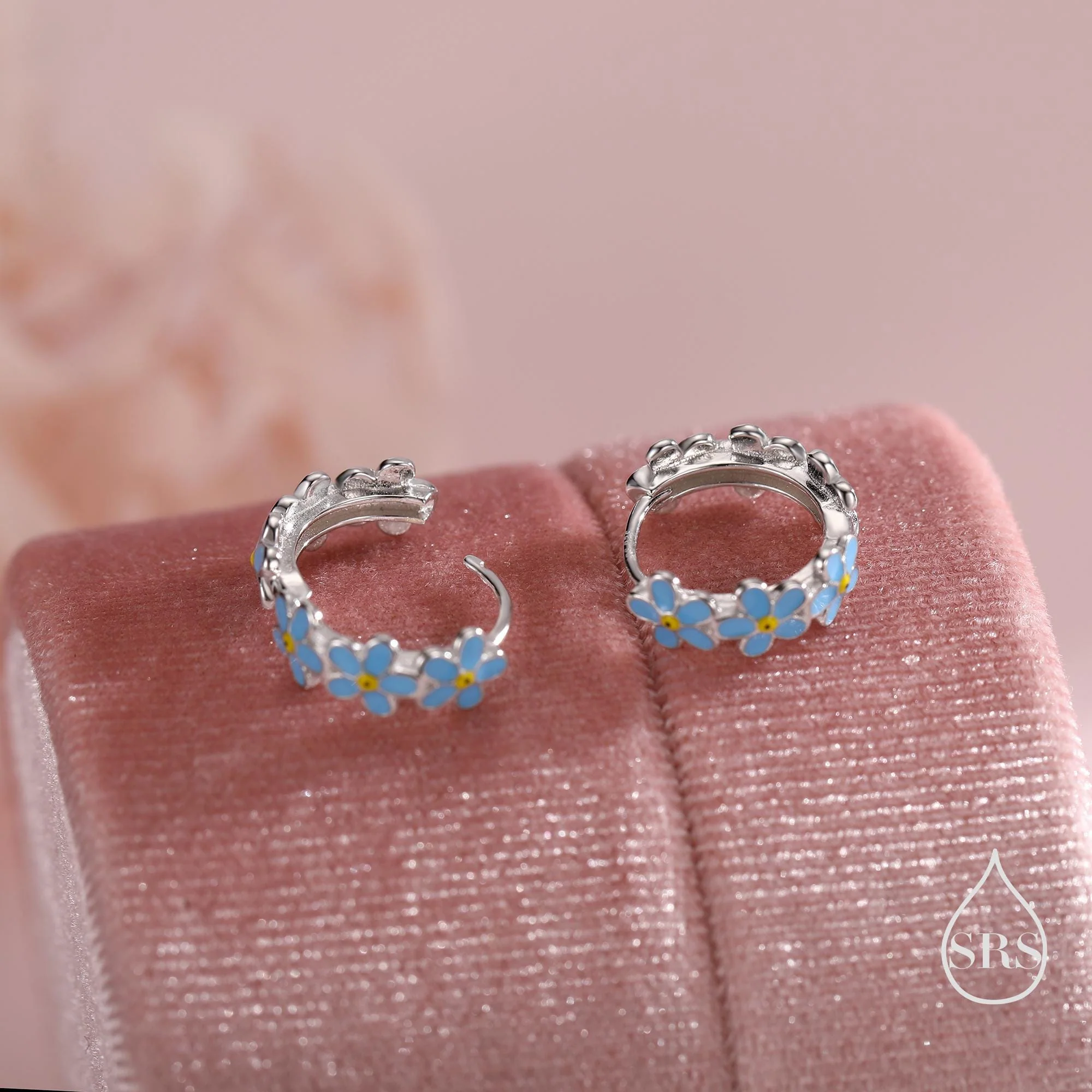 Dainty Forget Me Not Flower Motif Huggie Hoop in Sterling Silver, Enamel Flower hoop Earrings, Forget Me Not Floral Earrings - Image 6