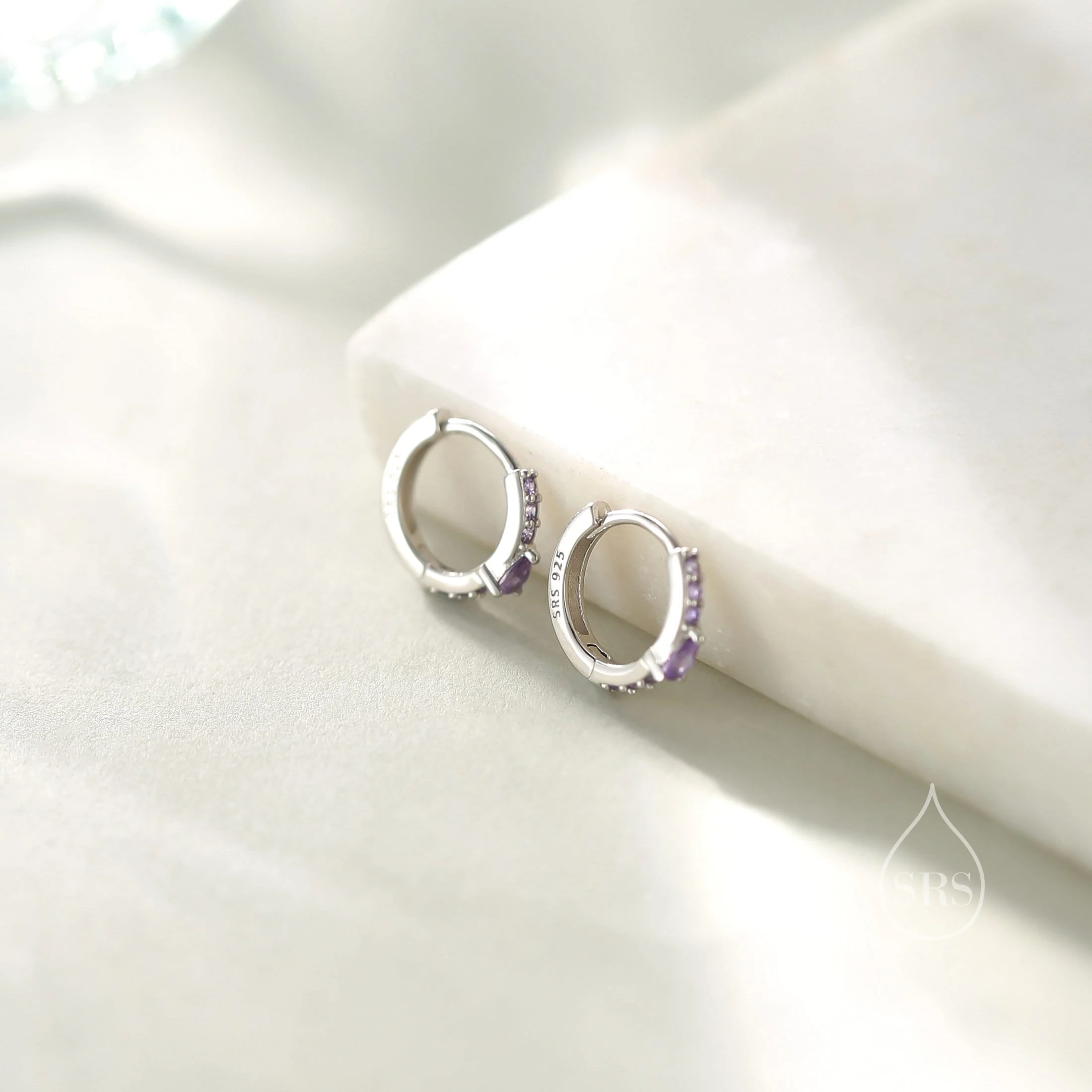 Dainty Purple CZ Huggie Hoop Earrings in Sterling Silver with Pear CZ, Silver or Gold, Droplet CZ Hoops - Image 3