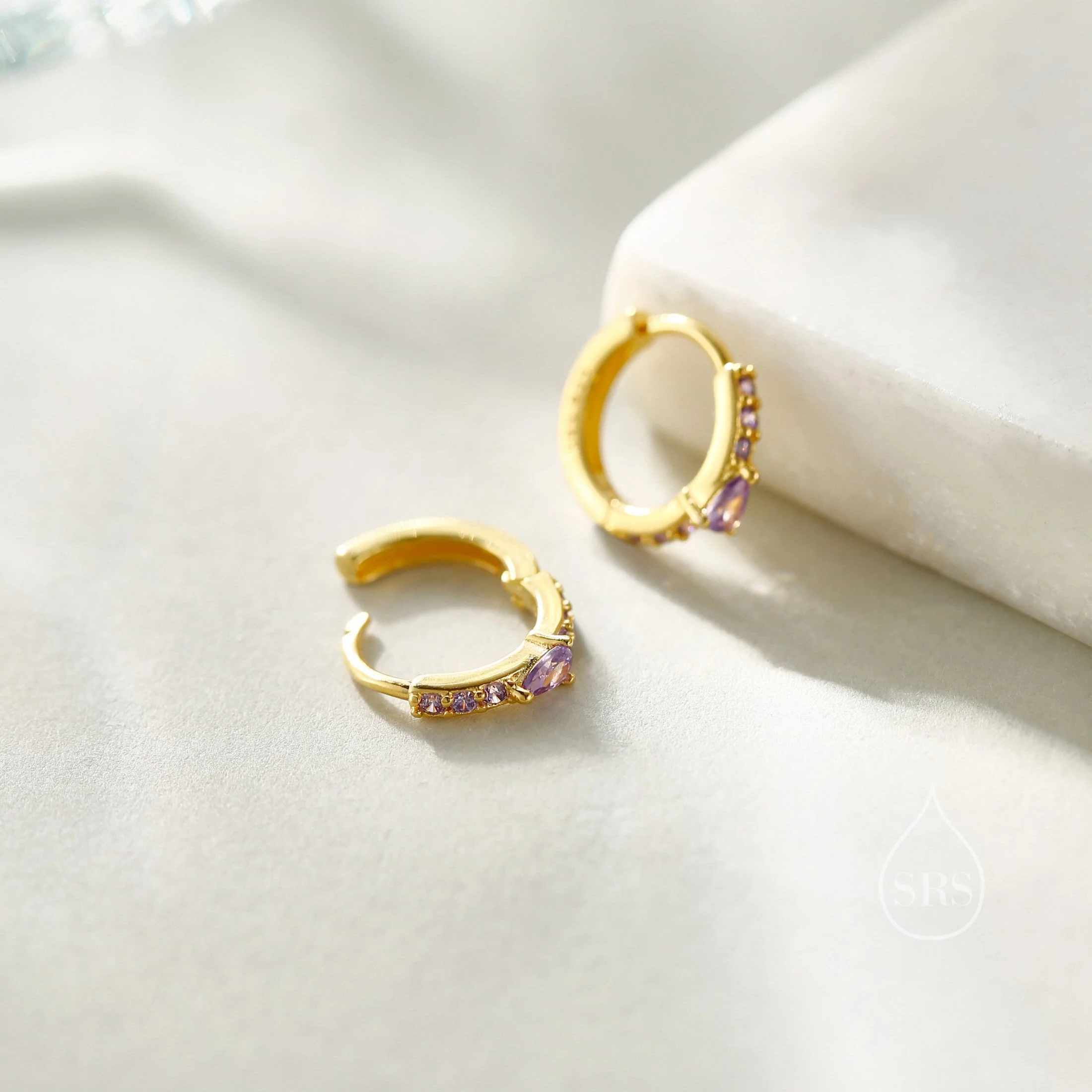 Dainty Purple CZ Huggie Hoop Earrings in Sterling Silver with Pear CZ, Silver or Gold, Droplet CZ Hoops - Image 4