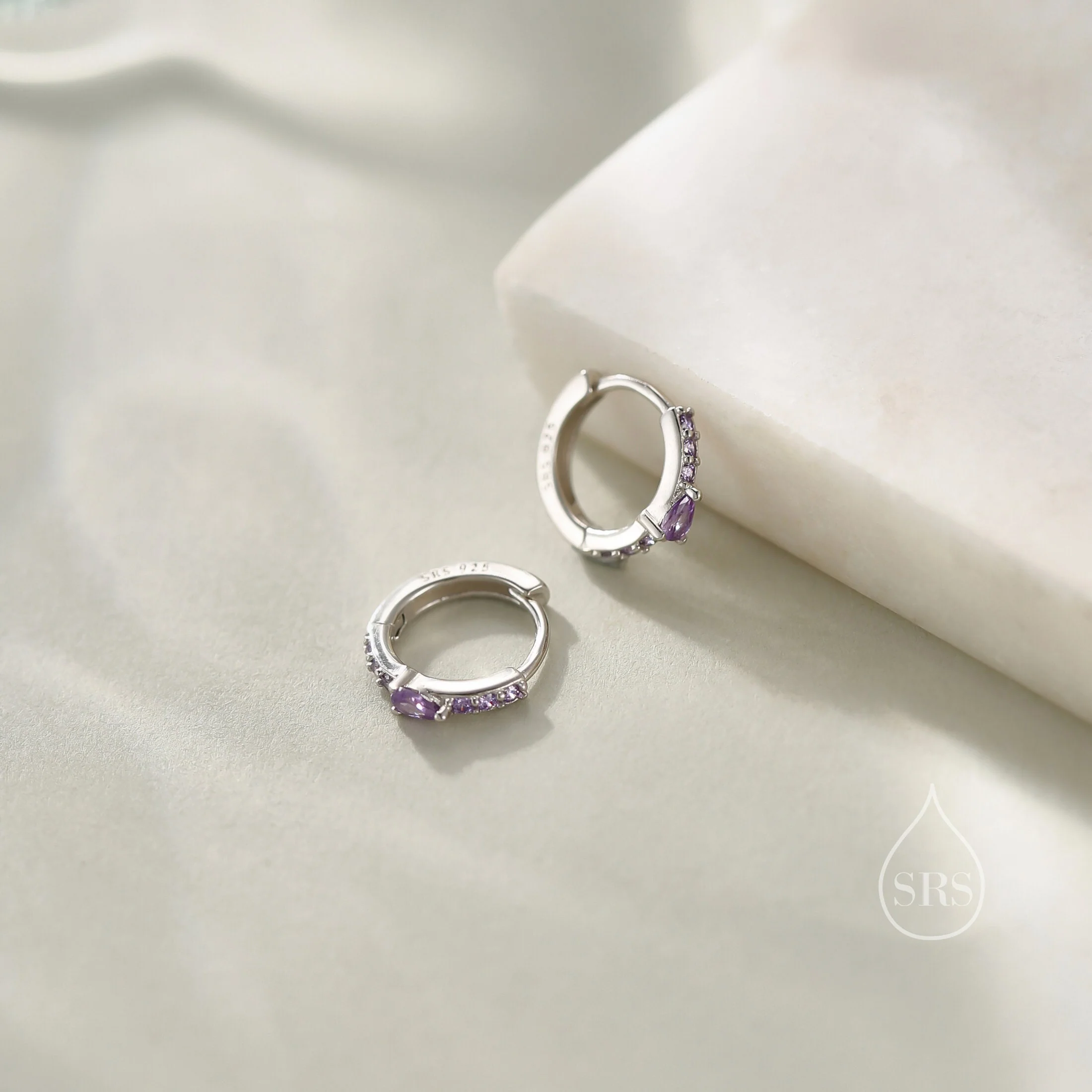 Dainty Purple CZ Huggie Hoop Earrings in Sterling Silver with Pear CZ, Silver or Gold, Droplet CZ Hoops - Image 5
