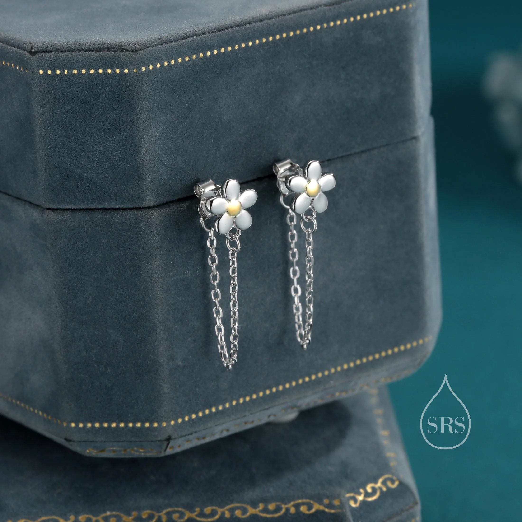 Daisy Chain Jacket Earrings in Sterling Silver, Daisy Flower with Dangle Chain Ear Jacket, Flower Front and Back Chain Earrings - Image 5