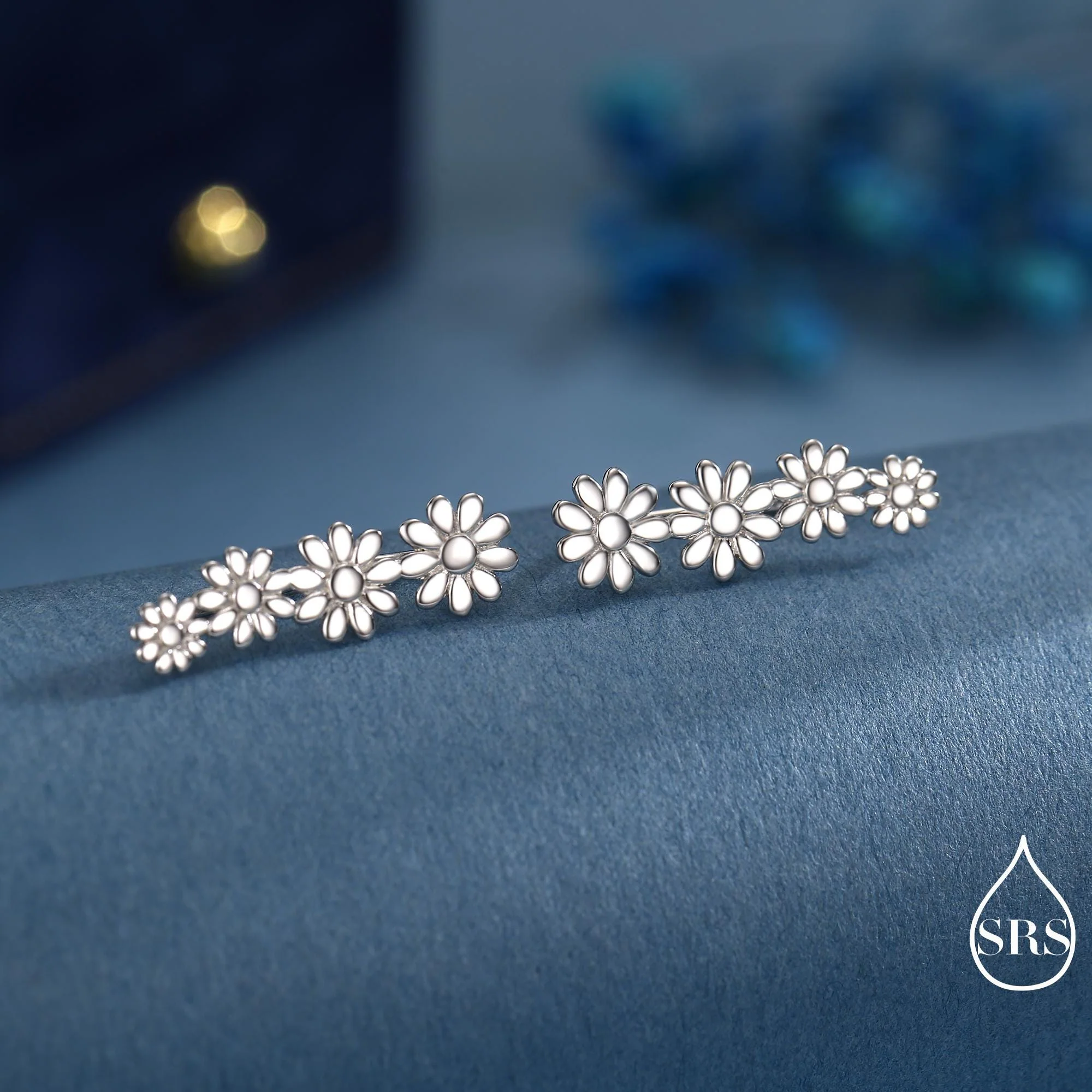 Daisy Flower Crawler Earrings in Sterling Silver, Daisy Chain,  Flower Earrings, Ear Climbers, Daisy Earrings - Image 6