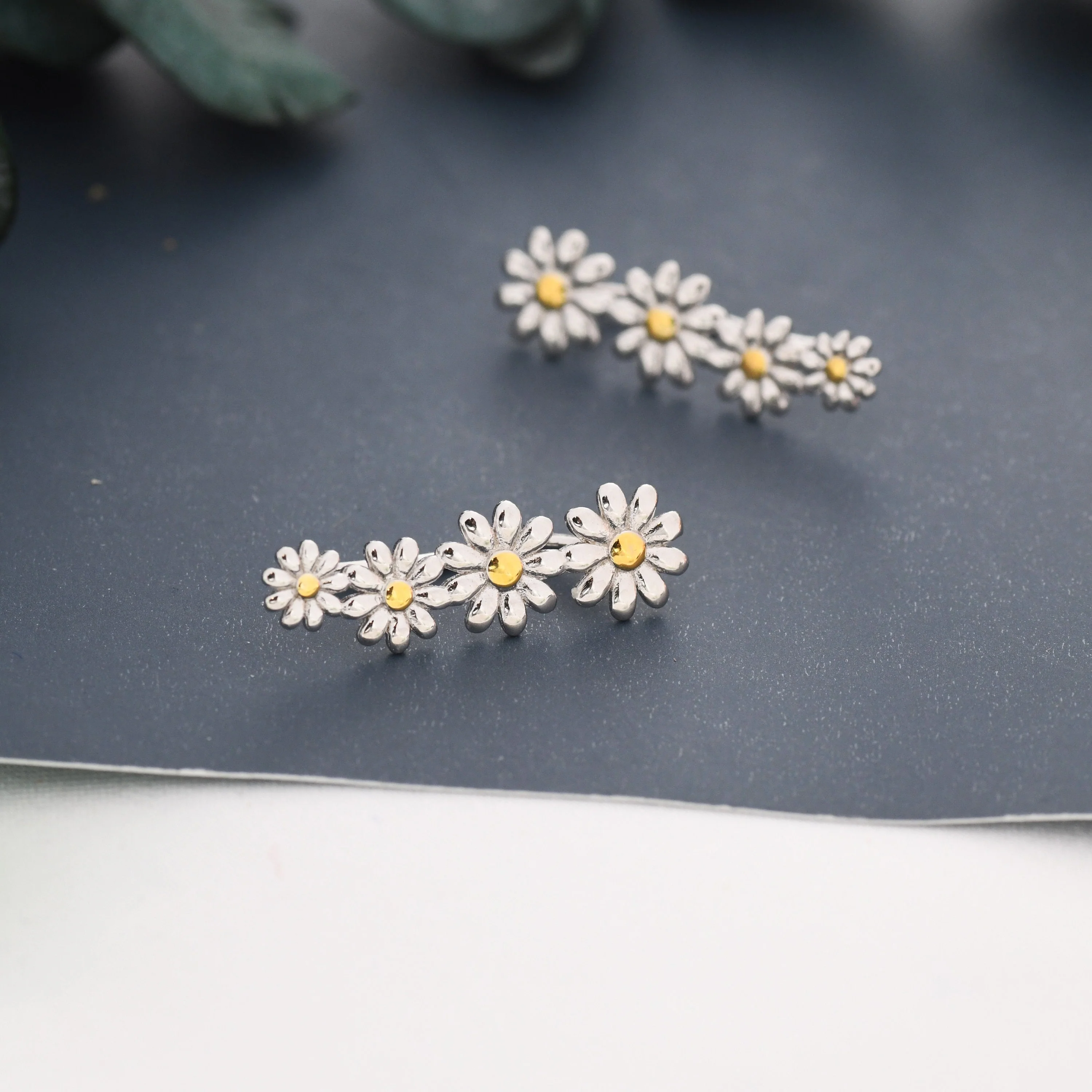 Daisy Flower Crawler Earrings in Sterling Silver, Two Tone Finish, Daisy Chain,  Flower Earrings, Ear Climbers - Image 4