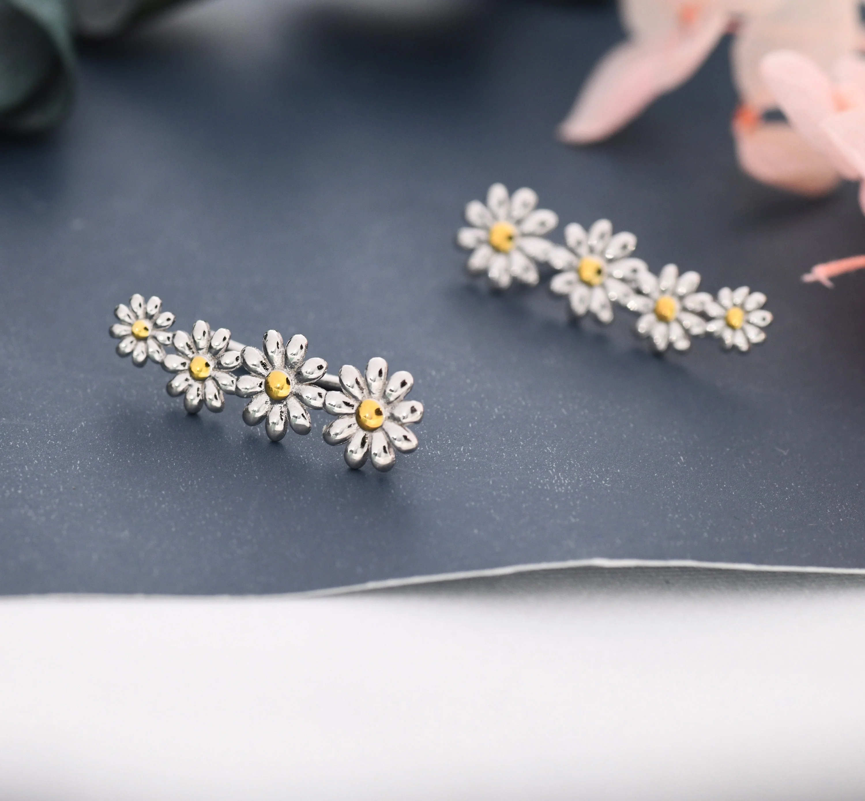 Daisy Flower Crawler Earrings in Sterling Silver, Two Tone Finish, Daisy Chain,  Flower Earrings, Ear Climbers - Image 5