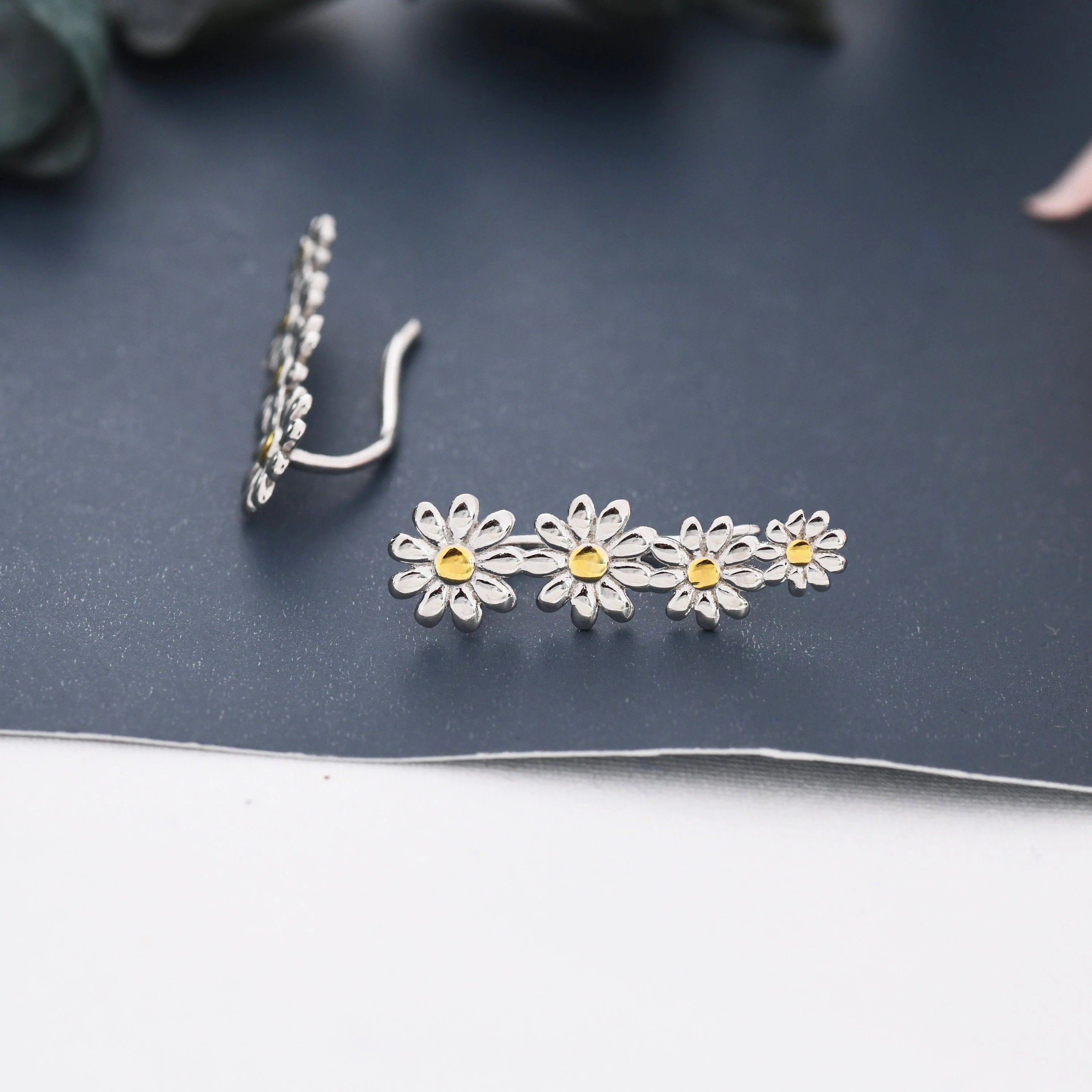 Daisy Flower Crawler Earrings in Sterling Silver, Two Tone Finish, Daisy Chain,  Flower Earrings, Ear Climbers - Image 6