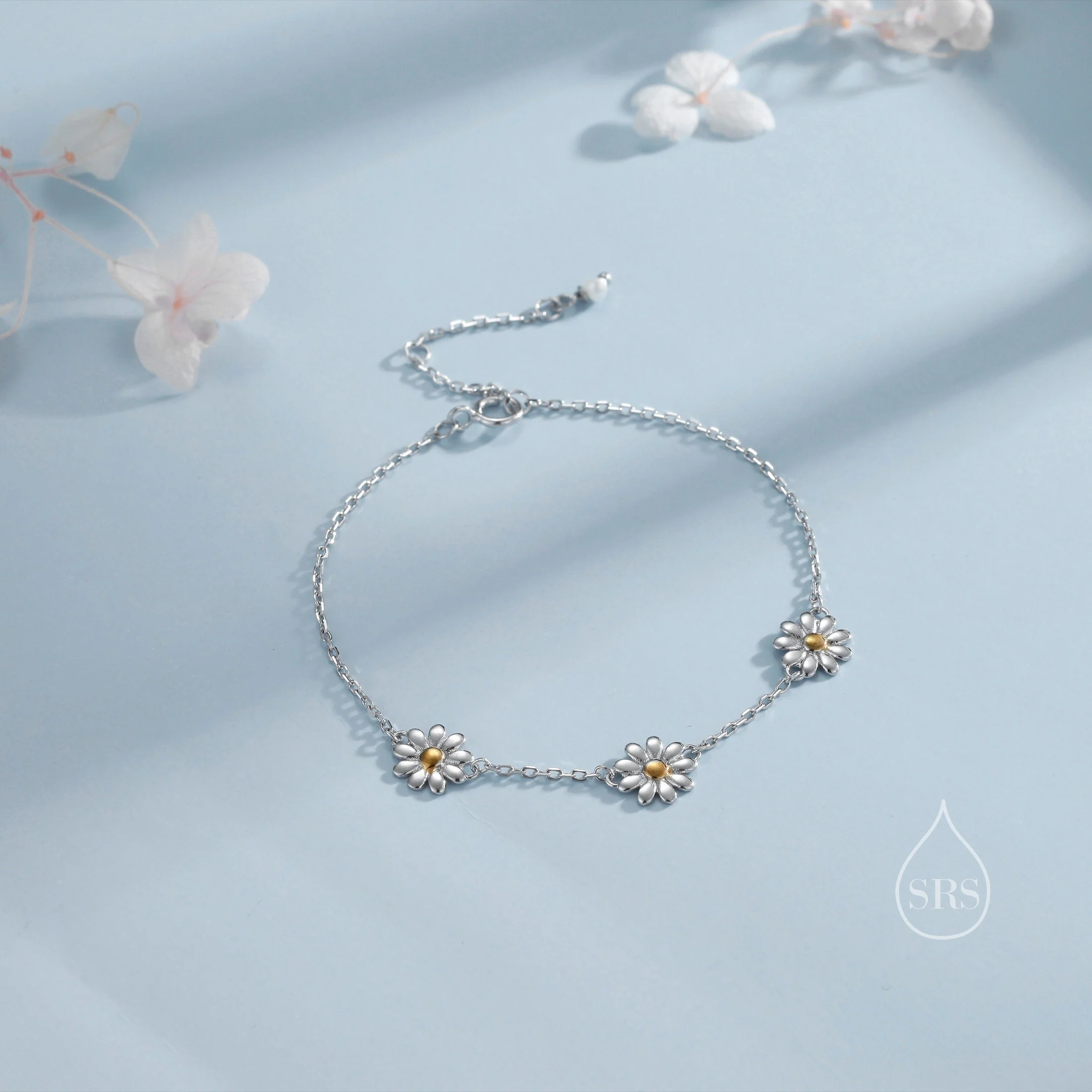 Daisy Flower Trio Bracelet in Sterling Silver, Daisy Bracelet, Daisy Flower Bracelet, Flower Bracelet - Image 4