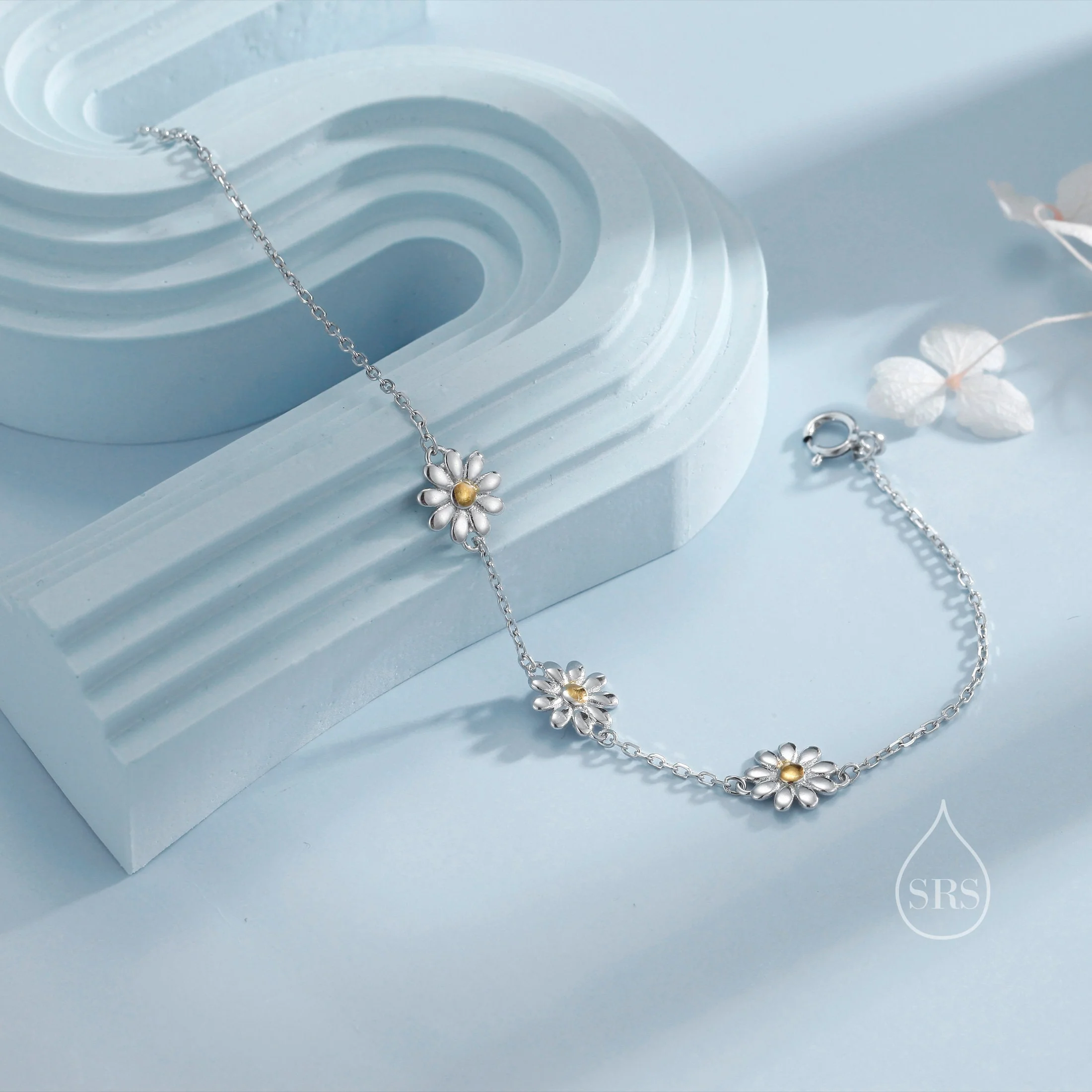Daisy Flower Trio Bracelet in Sterling Silver, Daisy Bracelet, Daisy Flower Bracelet, Flower Bracelet - Image 5