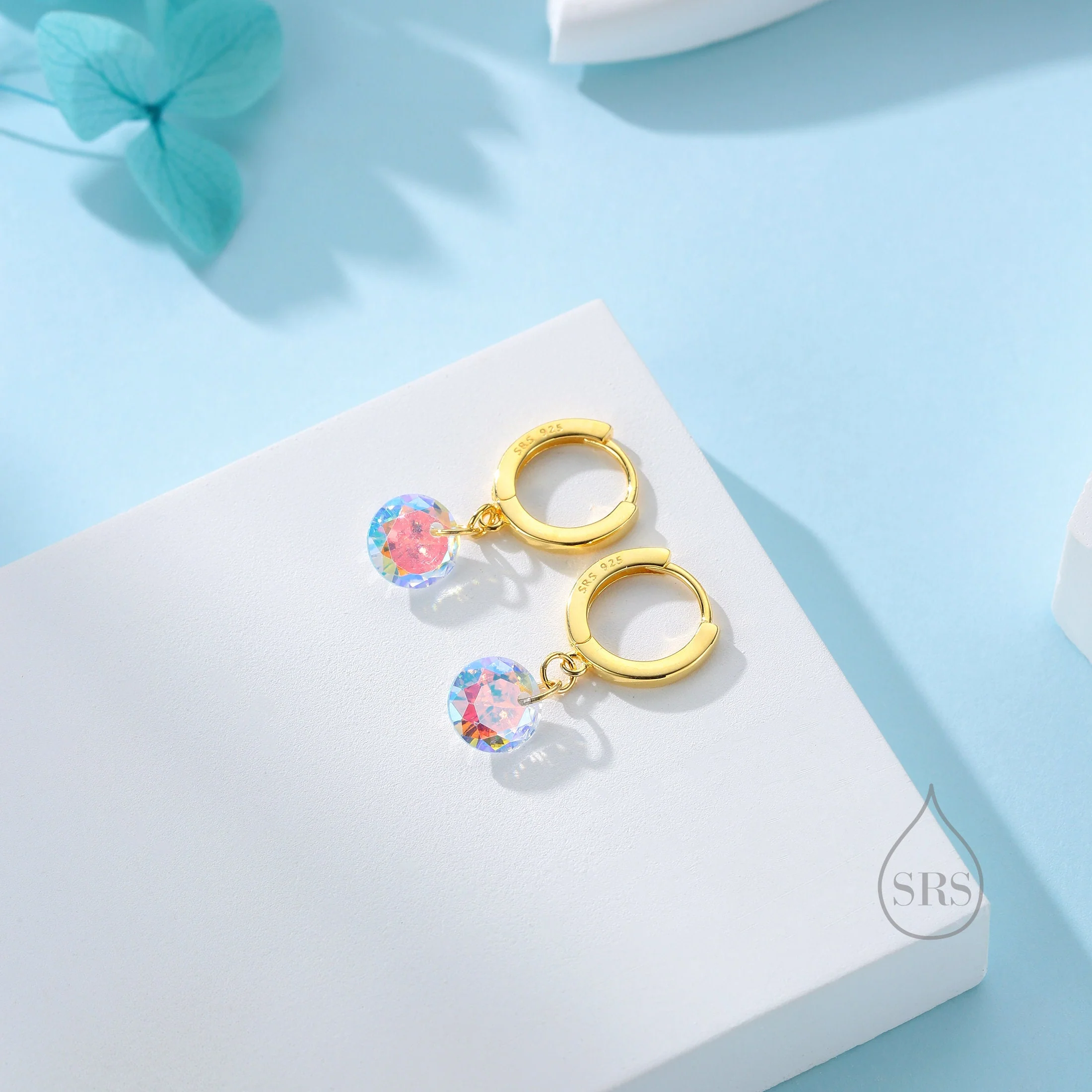 Dangle Aurora CZ Huggie Hoop Earrings in Sterling Silver, Silver or Gold, Delicate Sparky AB CZ Skinny Hoops, Colour Changing Crystal Hoops - Image 2