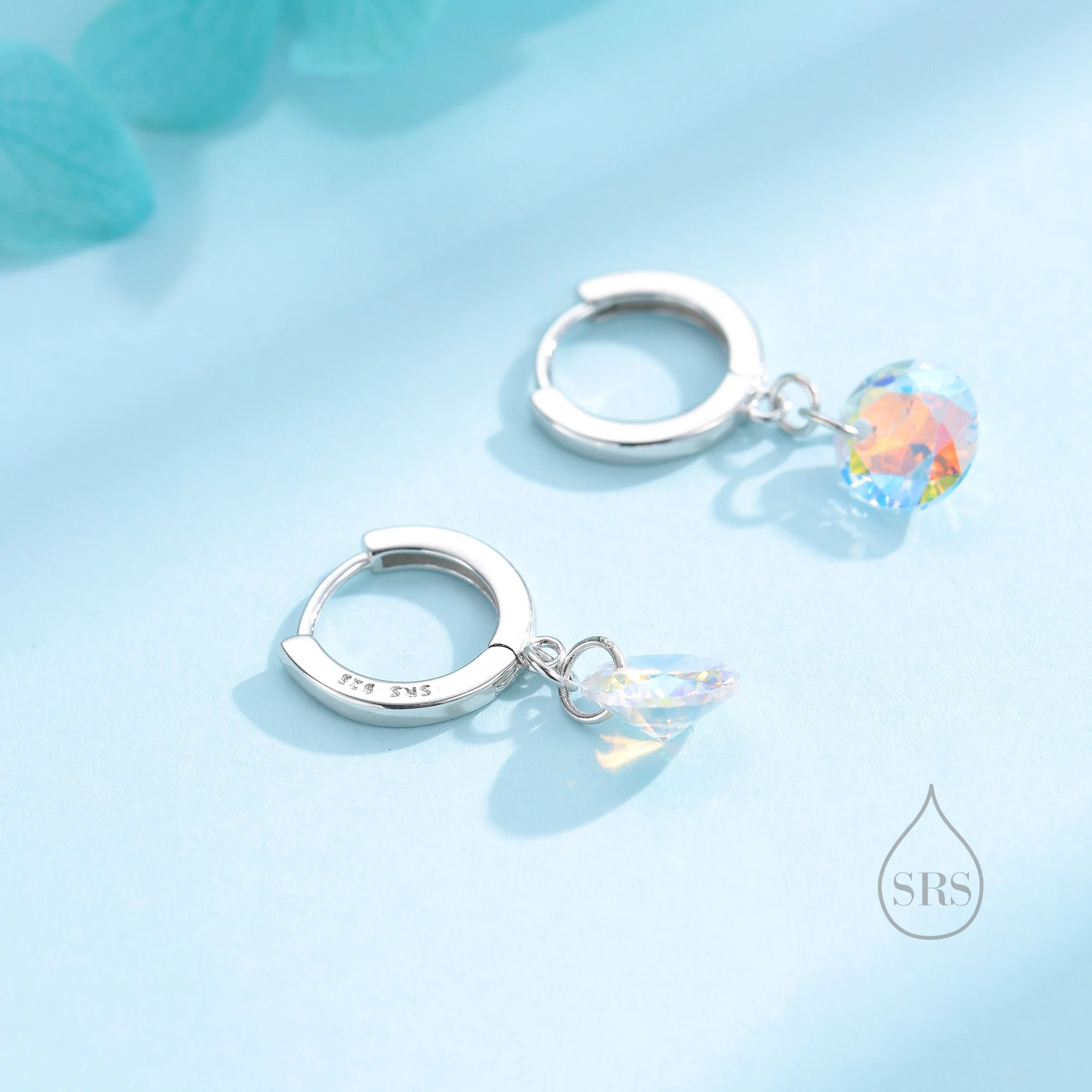 Dangle Aurora CZ Huggie Hoop Earrings in Sterling Silver, Silver or Gold, Delicate Sparky AB CZ Skinny Hoops, Colour Changing Crystal Hoops - Image 3