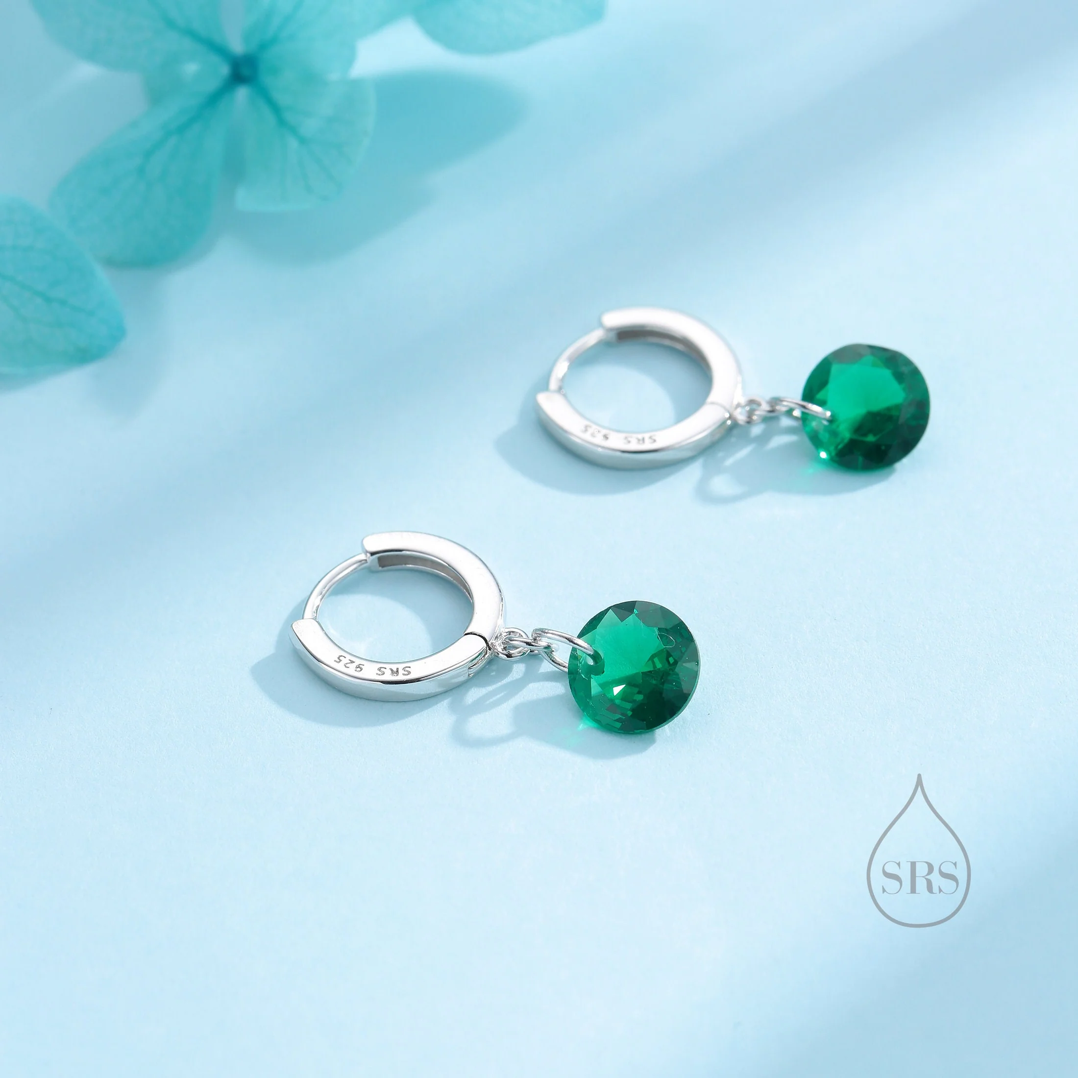 Dangle Emerald Green CZ Huggie Hoop Earrings in Sterling Silver, Silver or Gold, Delicate Sparky CZ Skinny Hoops, Dark Green Crystal Hoops - Image 4