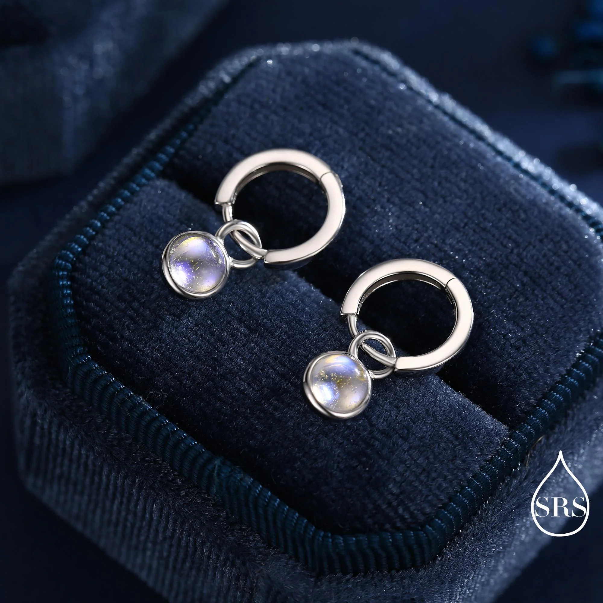 Dangle Moonstone Huggie Hoop in Sterling Silver, Simulated Moonstone, Minimalist Hoop Earrings, Detachable and Interchangeable - Image 3