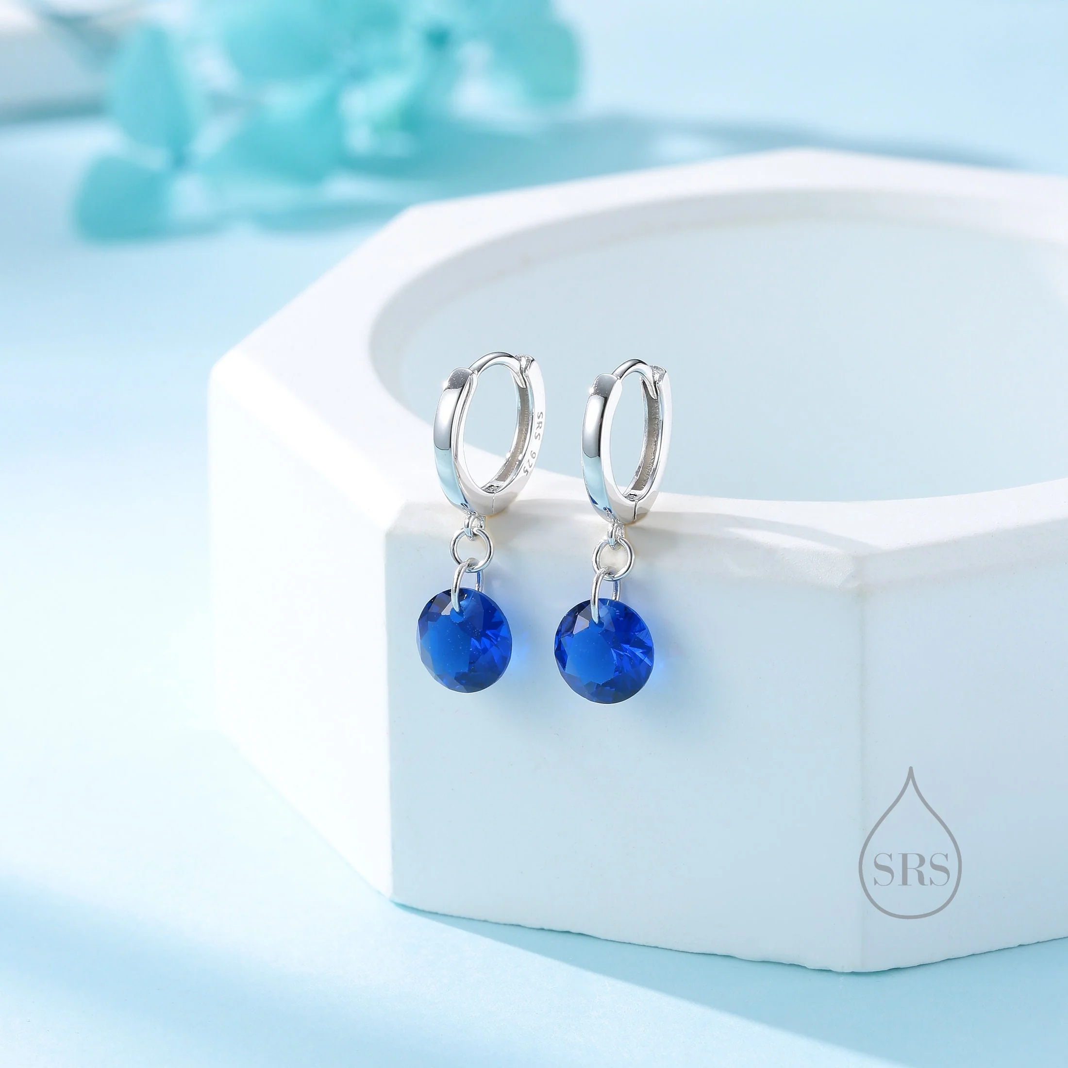 Dangle Sapphire Blue CZ Huggie Hoop Earrings in Sterling Silver, Silver or Gold, Delicate Sparky CZ Skinny Hoops, Dark Blue Crystal Hoops - Image 2