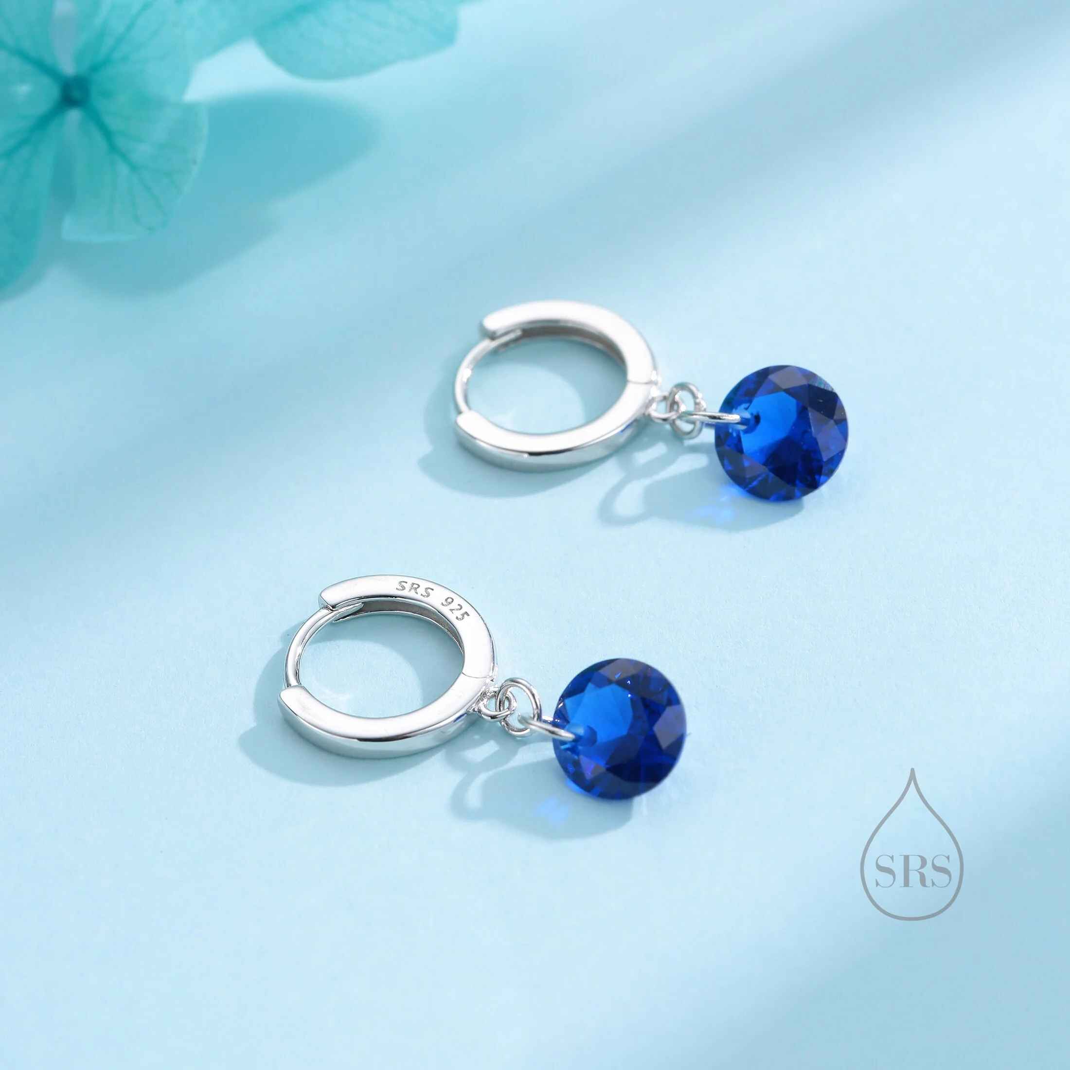 Dangle Sapphire Blue CZ Huggie Hoop Earrings in Sterling Silver, Silver or Gold, Delicate Sparky CZ Skinny Hoops, Dark Blue Crystal Hoops - Image 3