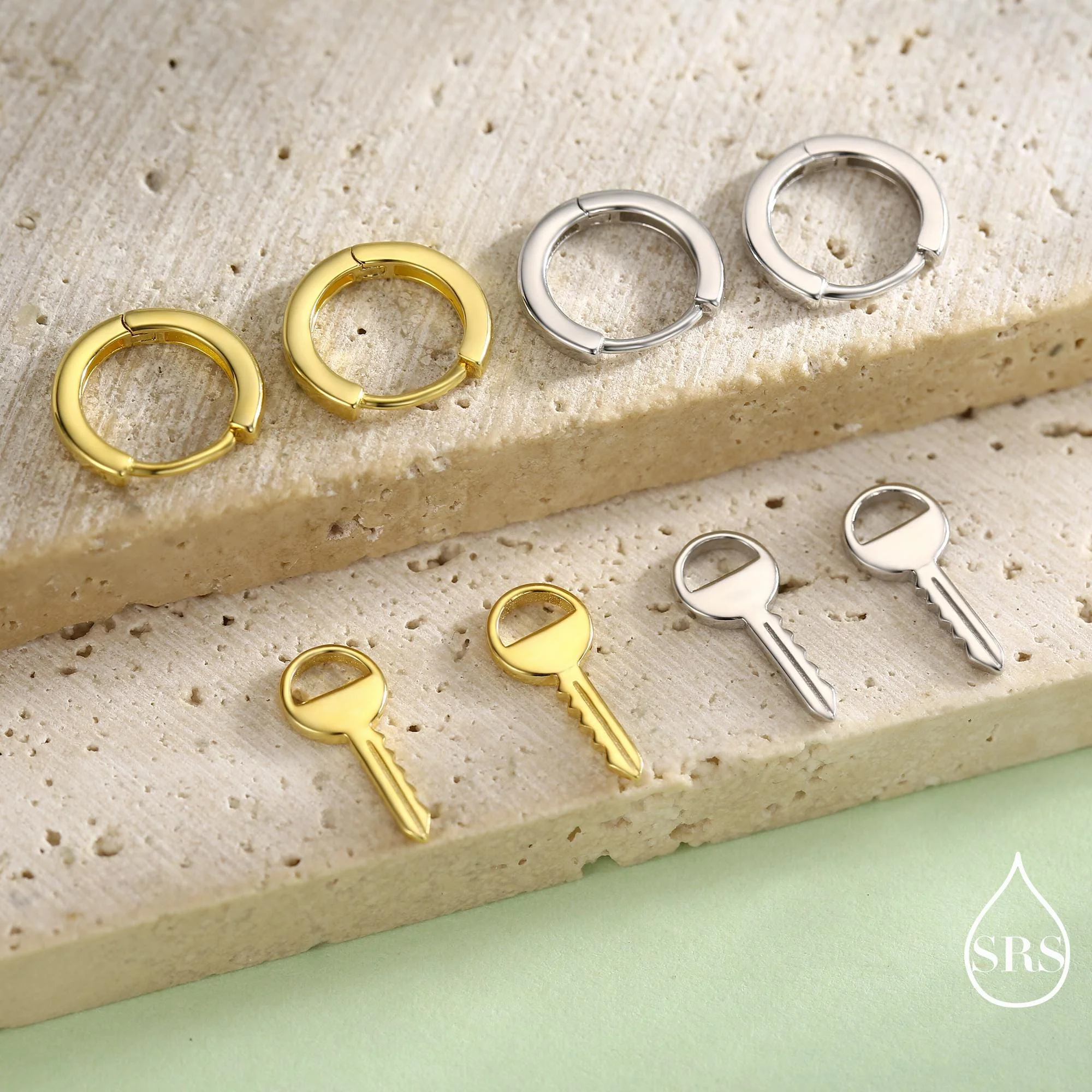 Dangling Key Hoop Earrings in Sterling Silver, Detachable Lock Charm Dangle Hoop Earrings, Silver or Gold, Interchangeable - Image 4