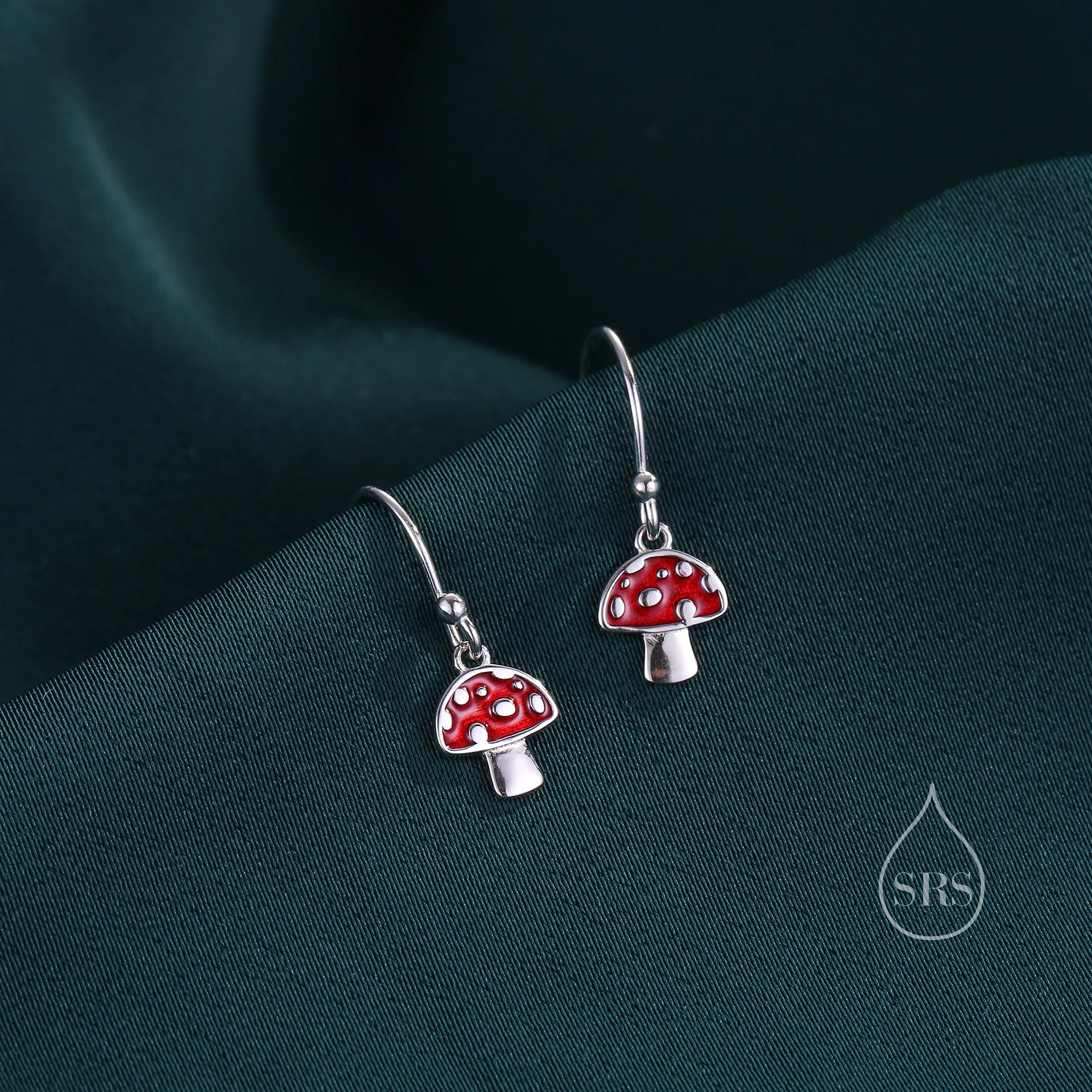 Dangling Mushroom Drop Hook Earrings in Sterling Silver, Mushroom Dangle Earrings, Red Enamel Mushroom Earrings, Toadstool Earrings - Image 6