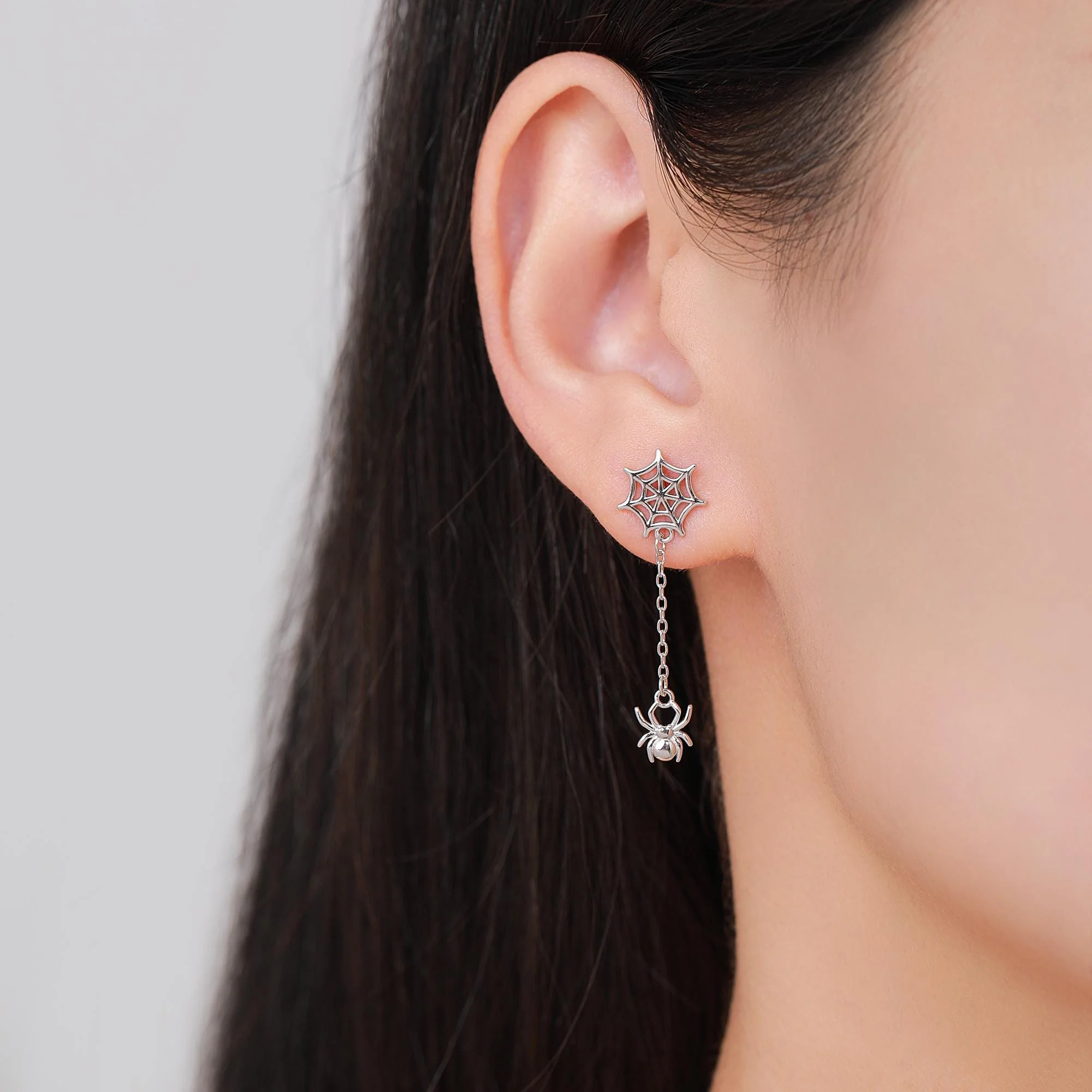 Dangling Spider and Spider Web Stud Earrings in Sterling Silver, Silver or Gold or Rose Gold, Nature Inspired, Insect Earrings - Image 2