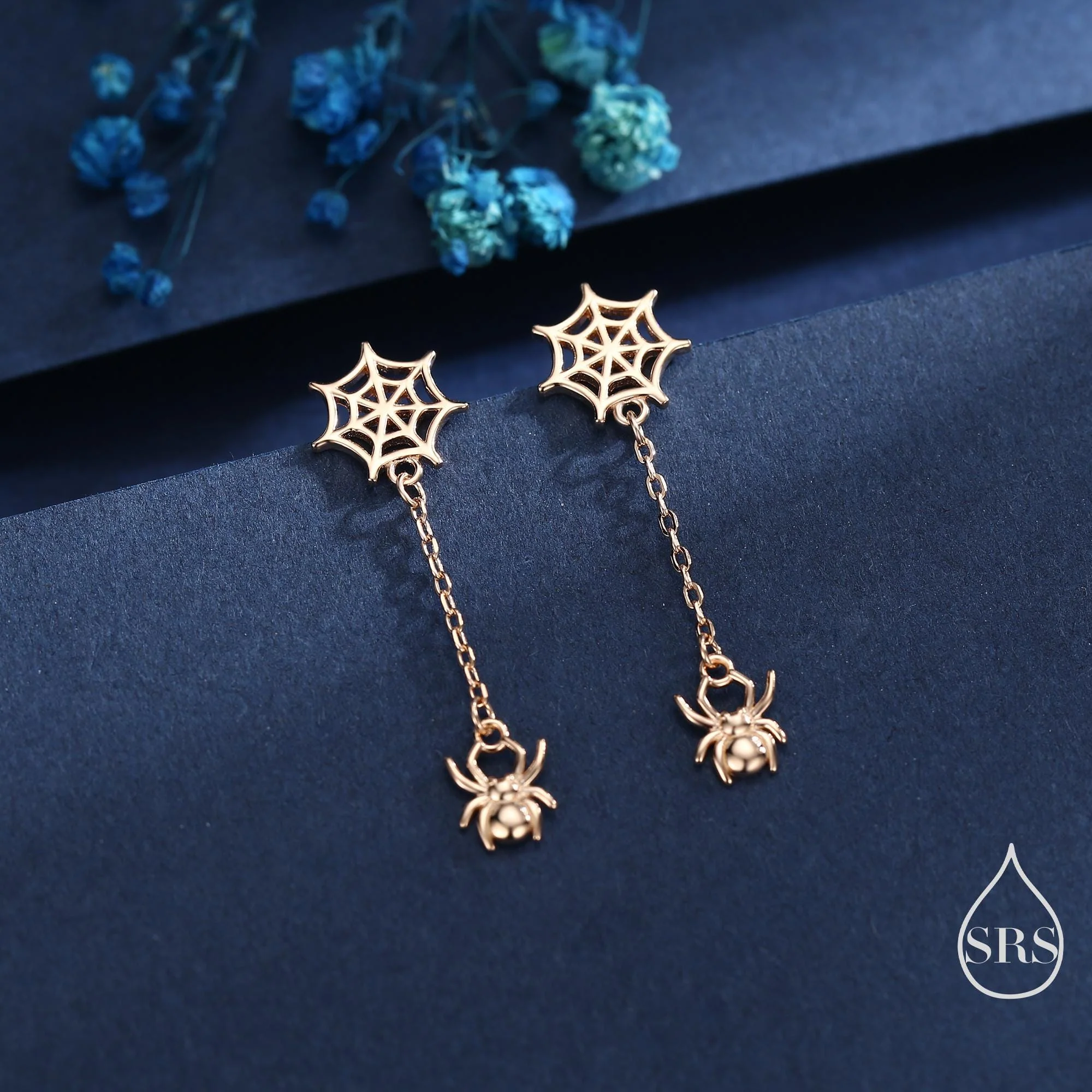 Dangling Spider and Spider Web Stud Earrings in Sterling Silver, Silver or Gold or Rose Gold, Nature Inspired, Insect Earrings - Image 3
