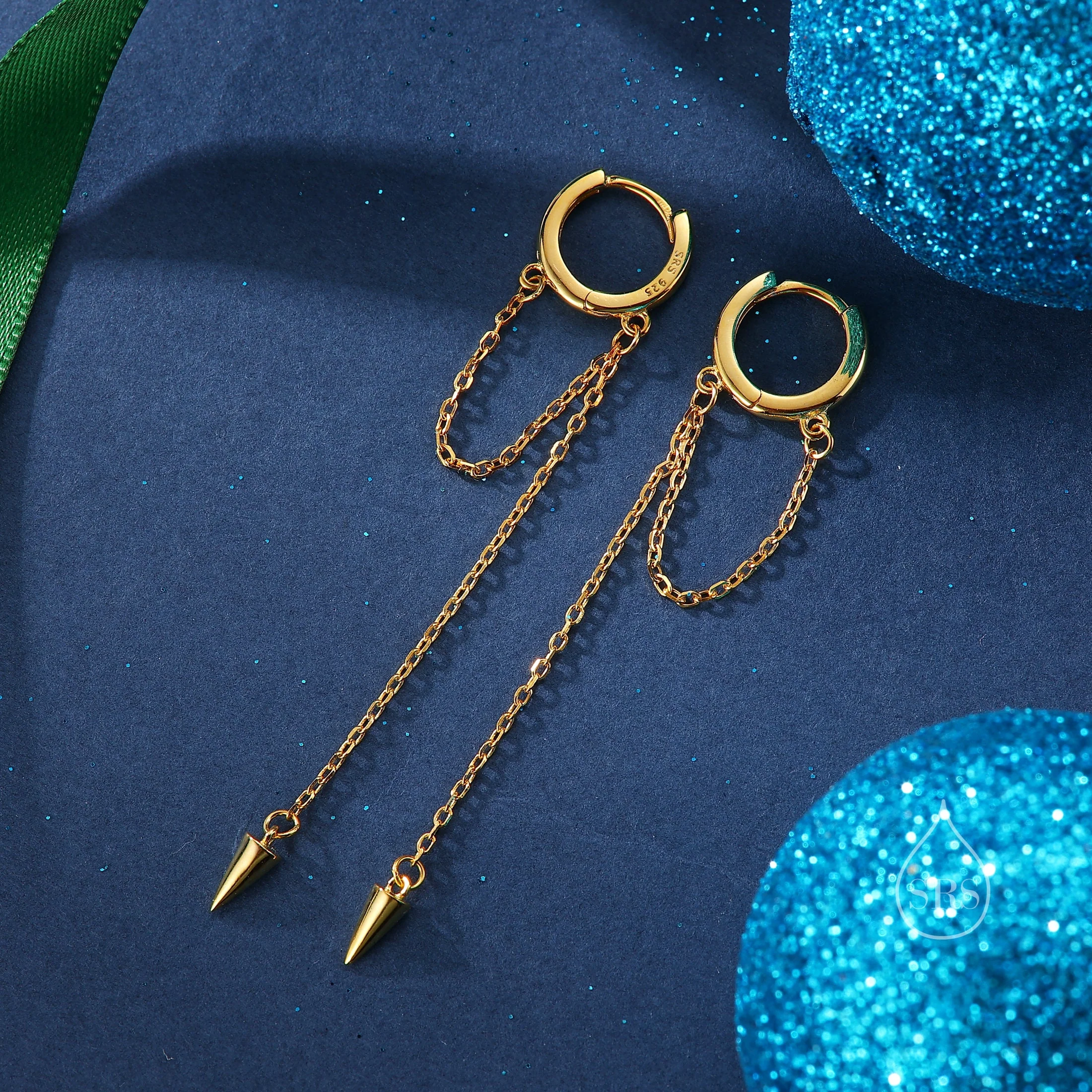 Dangling Spike Chain Huggie Hoop Earrings in Sterling Silver,  Available in Silver, Gold or Rose Gold, Spike Dangle Earrings, Chain Hoops - Image 3